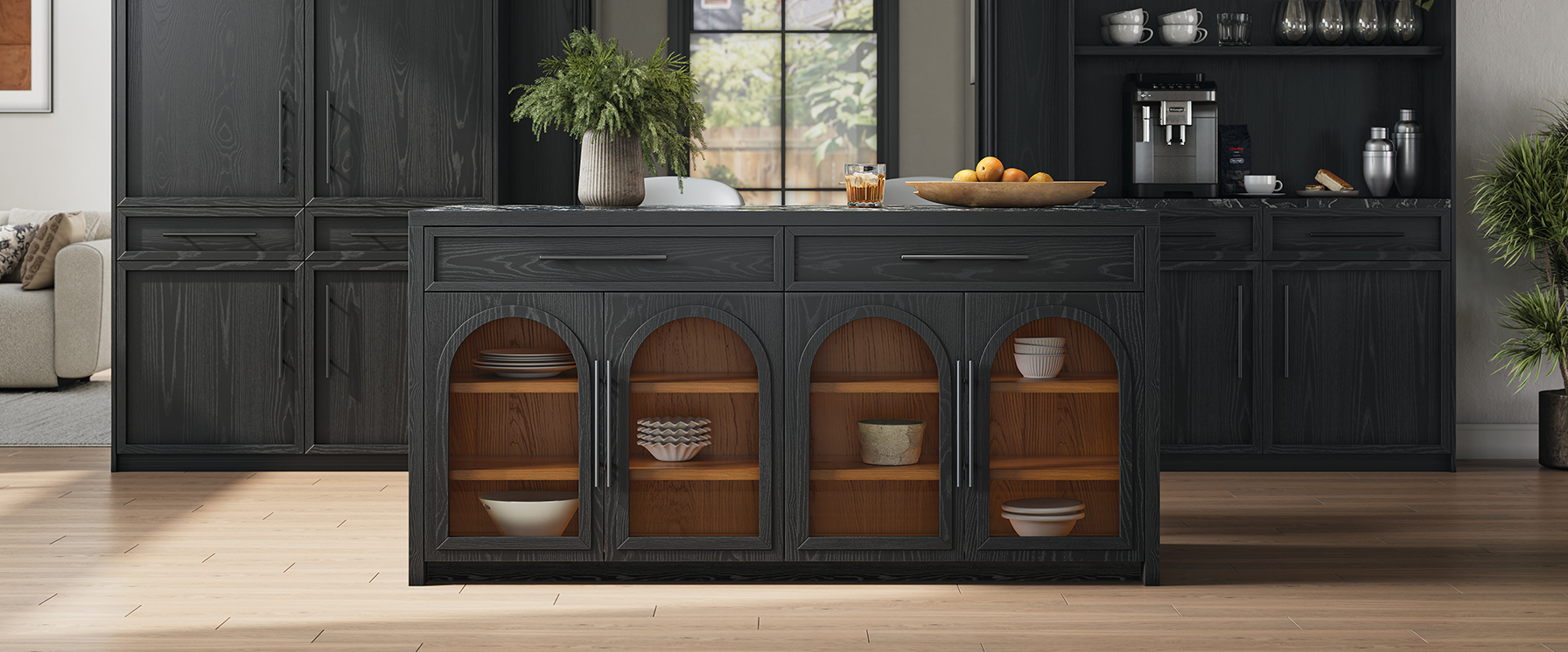 Mid-century Modern 72" Black Engineered Stone Kitchen Island with Arched Glass Door and Drawers