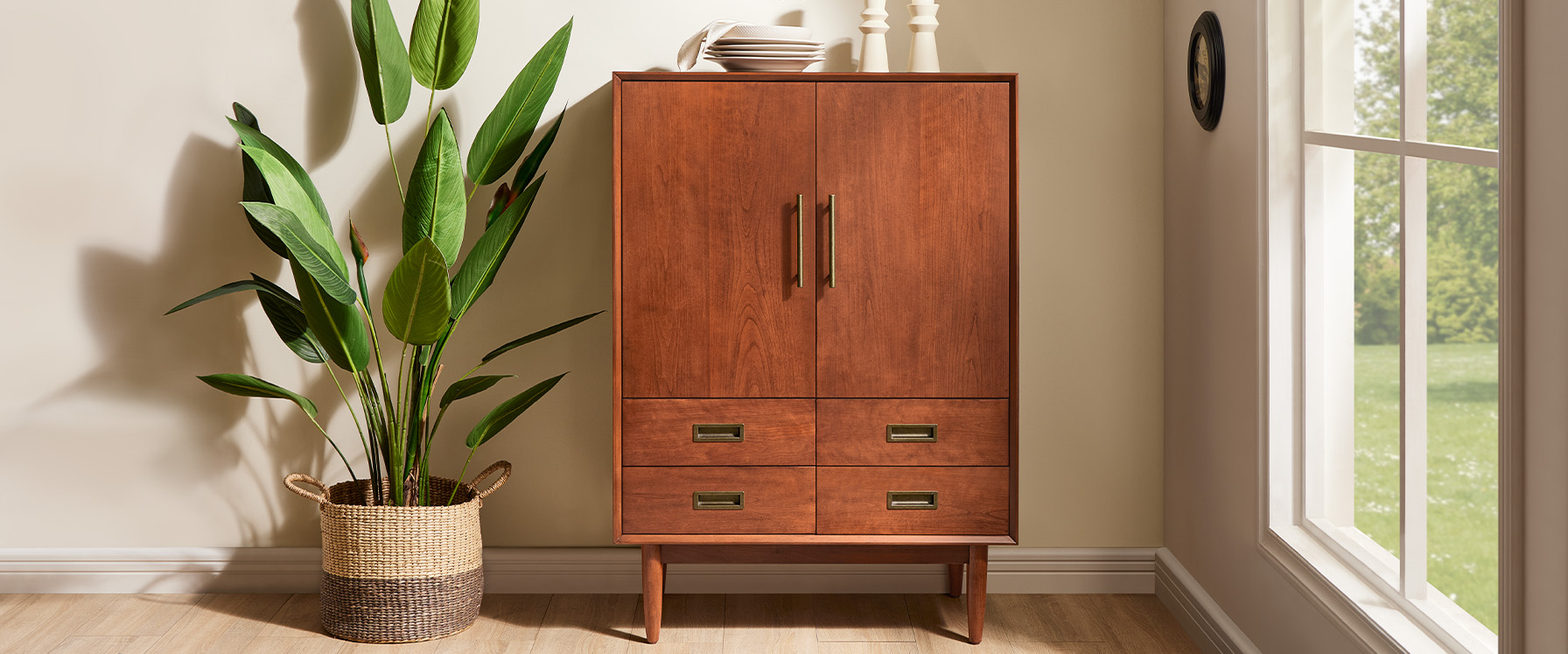 Mid Century Kaden 33" Cherry Wine Bar Cabinet with Drawers for Dining Room