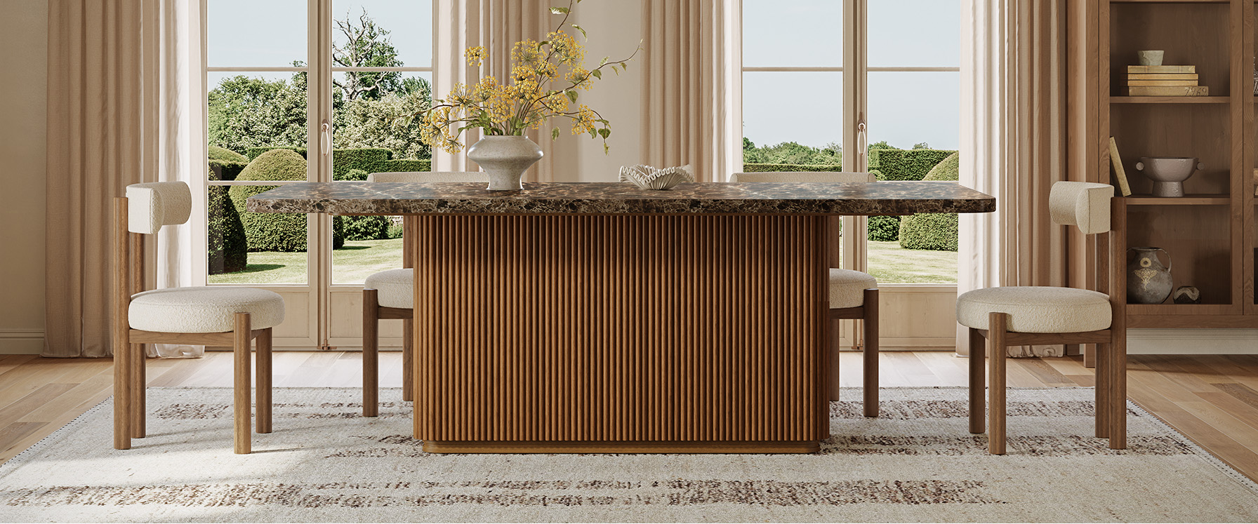 Eliseo 84" Marble Dining Table with Fluted Wooden Base for Dining Room