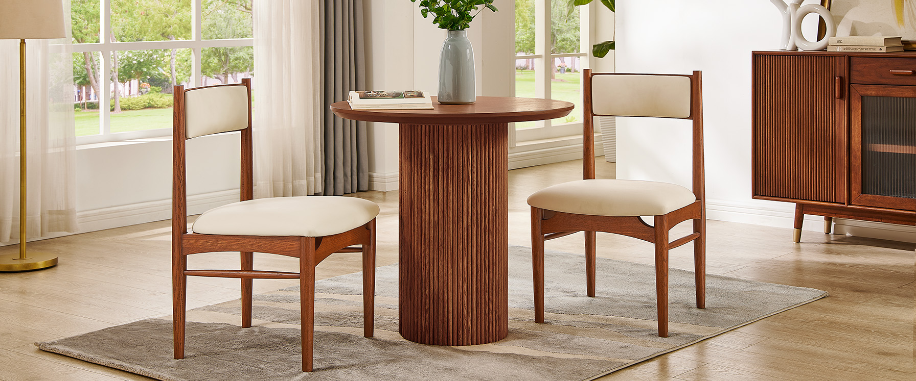 Solid Oak Dining Chairs with Biege PU Leather Upholstery for Dining Room