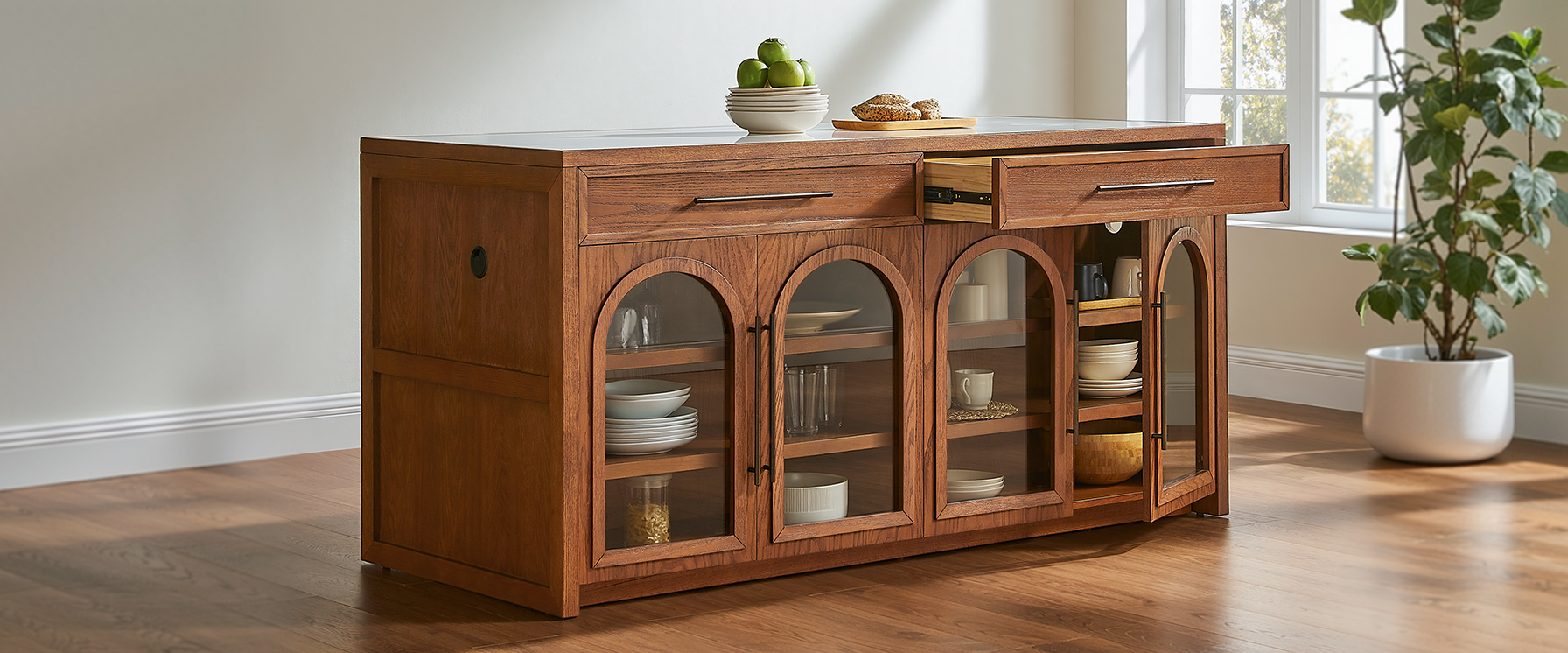 Mid-century Modern 72" Black Marble Kitchen Island with Arched Glass Door and Drawers