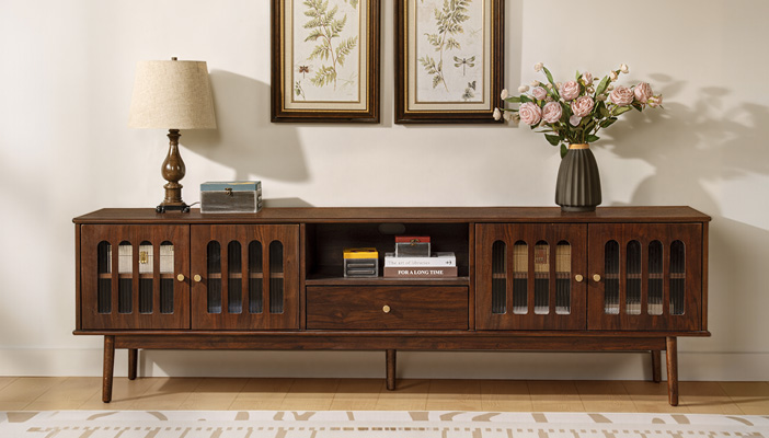 Aldric 84 inch Walnut Glass Door TV Stand | HERNEST