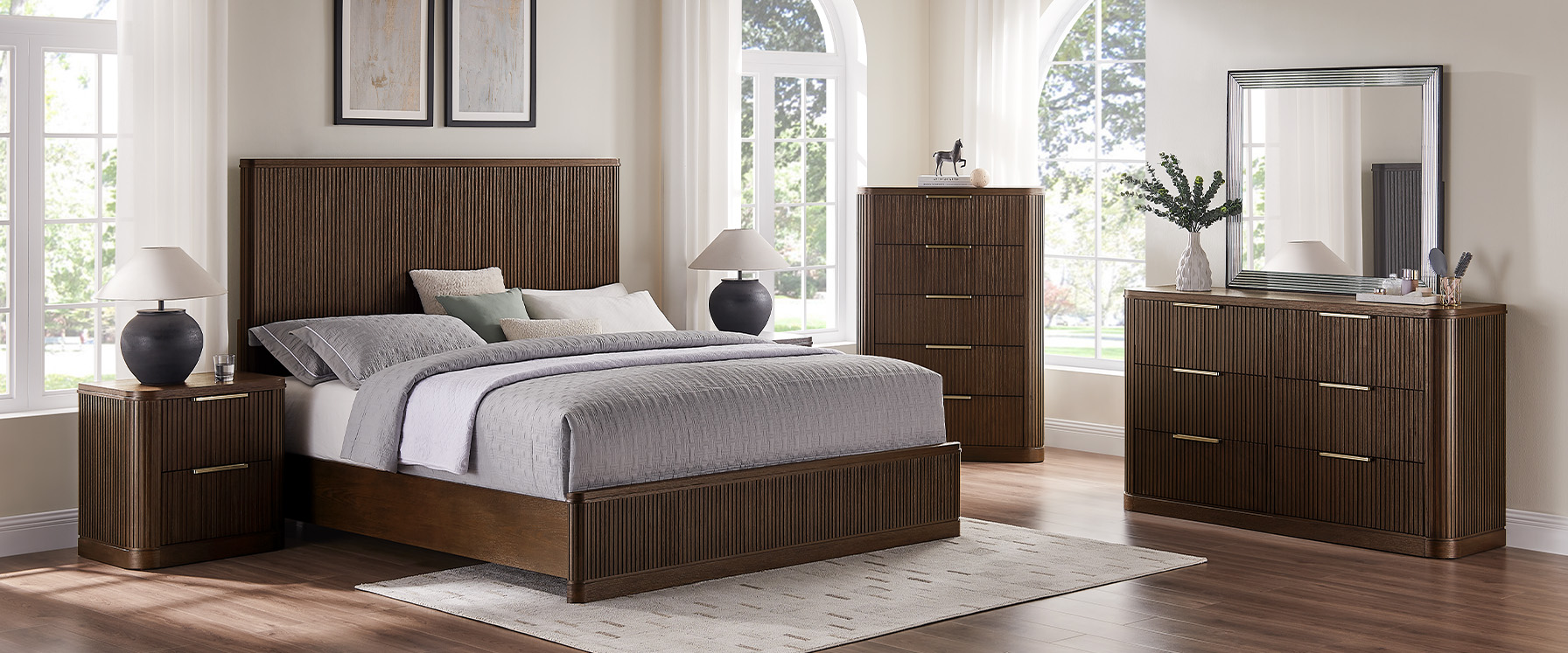 3-Piece Dark Brown Wooden Fluted Bedroom Set