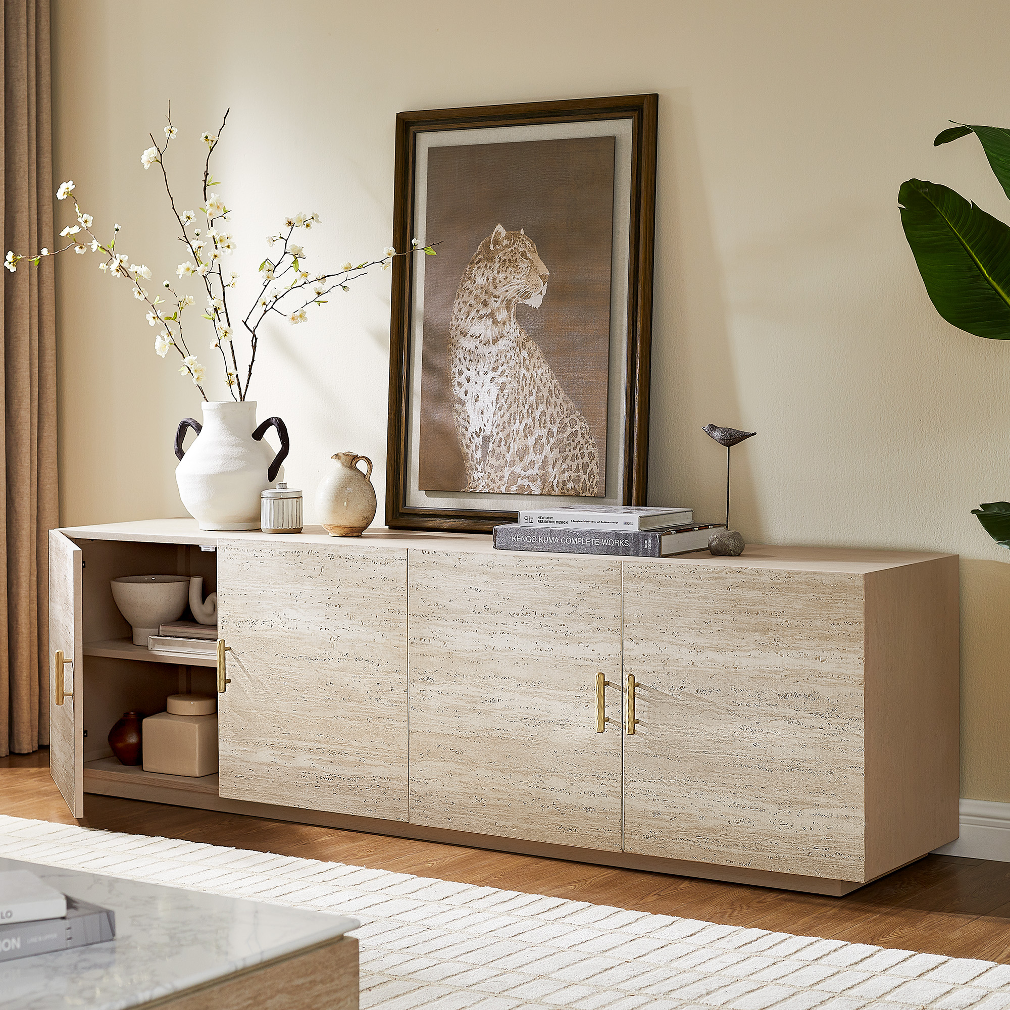 Renata 84 inch Travertine Textured TV Stand with Storage