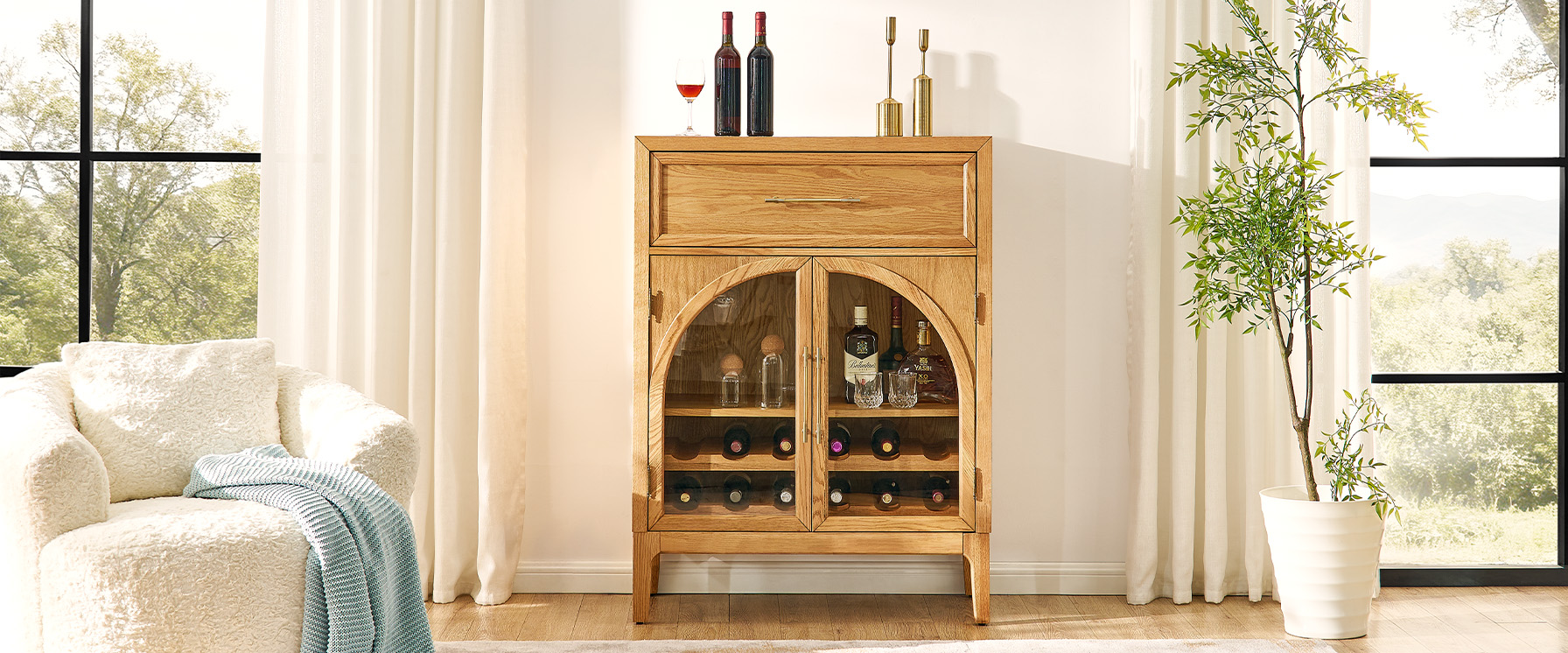 Valborg 36" Black Oak Bar Cabinet with Arch Desin Doors for Dining Room