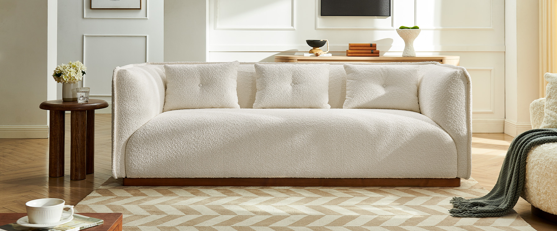 Bouclé fabric two-seater sofa