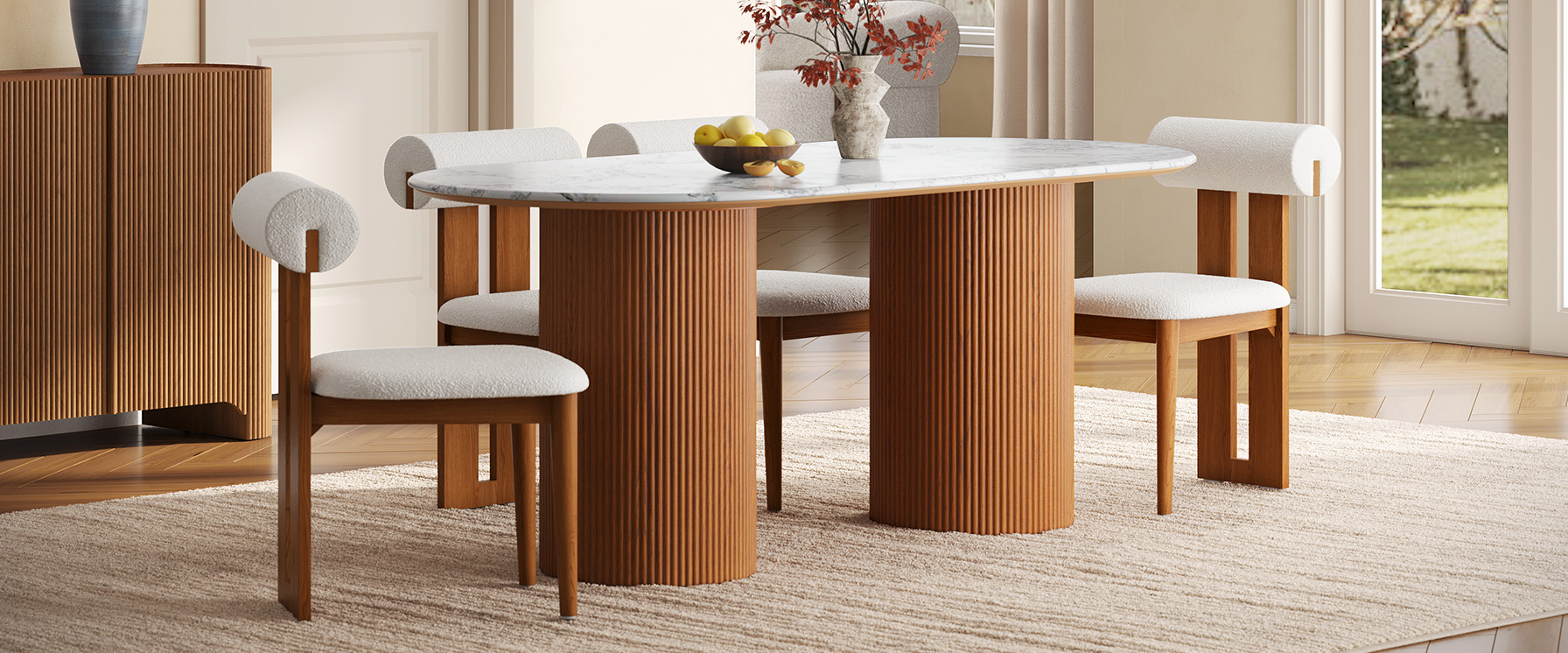 72" Oval Dining Table with White Faux Marble Top and Solid Oak Base for 4-6 Person