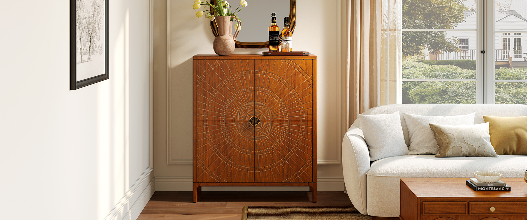 47" Mid Century Brown Solid Oak Home Bar Storage Cabinet