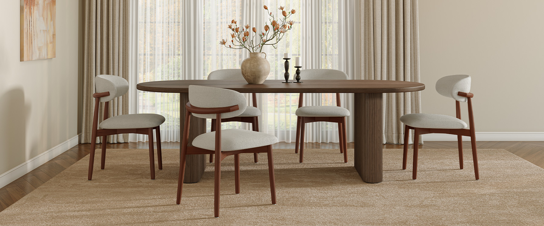 Mid Century Modern Ash Wood Dining Chairs Set with Cotton Linen Upholstery for Dining Room