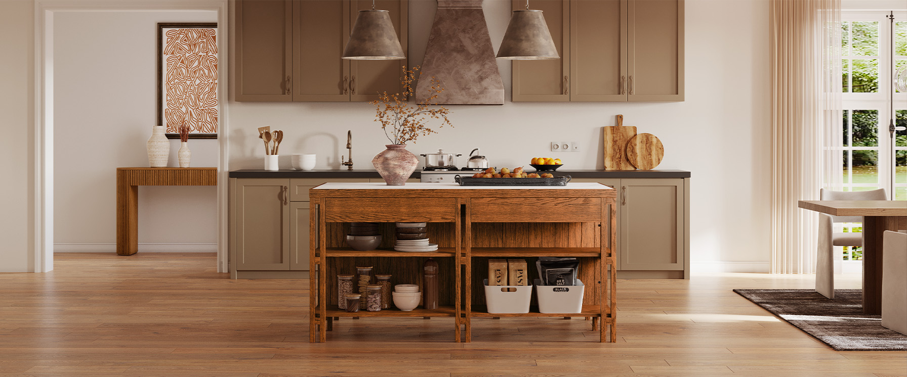 Mid Century Modern 72" Sintered Stone Kitchen Island with Storage for Kitchen