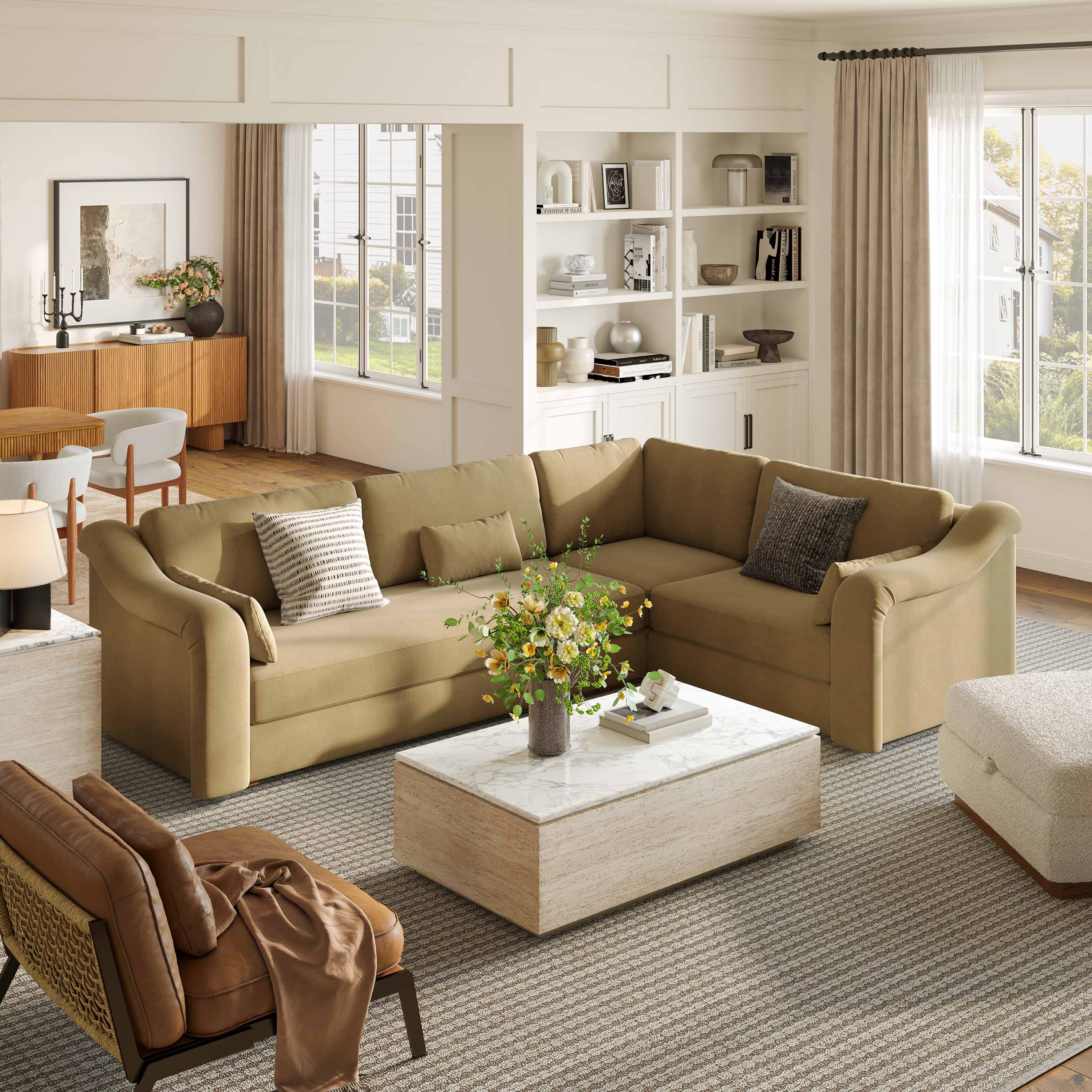 Living Room Sectional Sofa  Modern Style Brown Fabric Lshaped