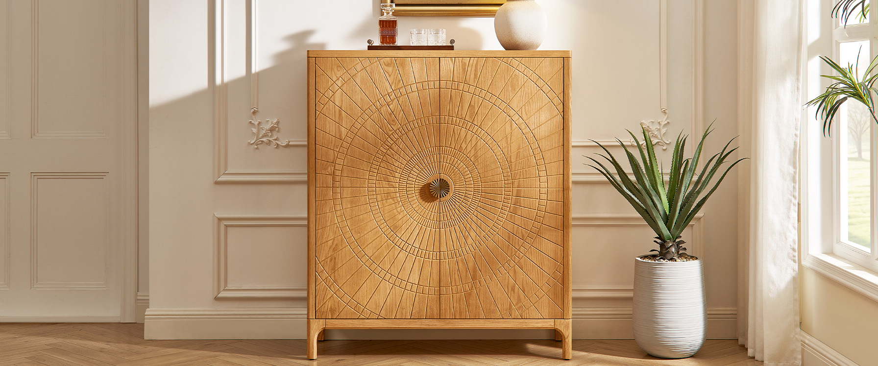 47" Mid Century Natural Solid Oak Home Bar Storage Cabinet