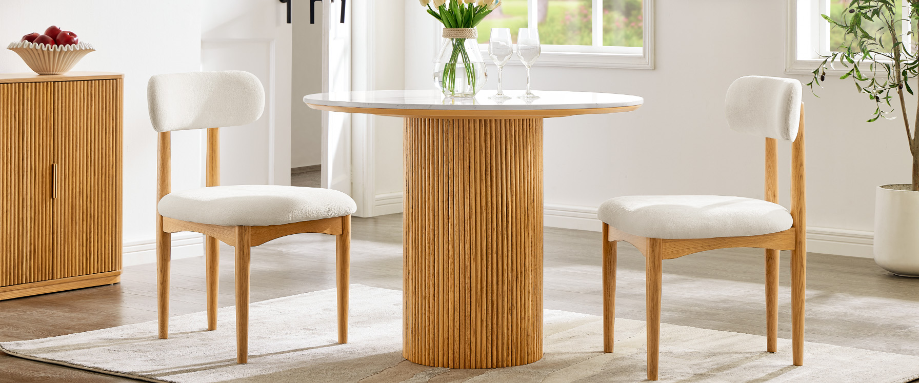 39" Fluted Oak Dining Table with Chairs Set for 2