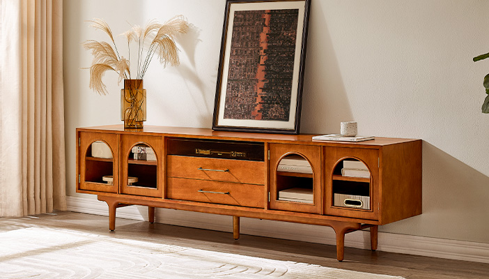 Julius 84 inch MCM Arch TV Stand with 2 Drawers & Glass Door