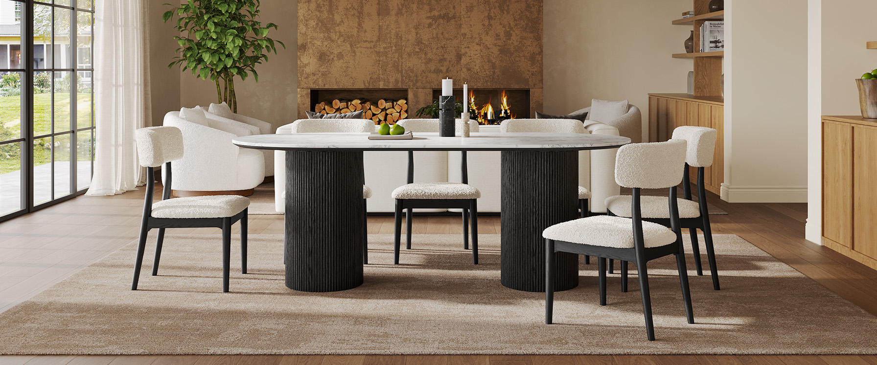 84" Oval Dining Table with White Stone Top and Solid Oak Base