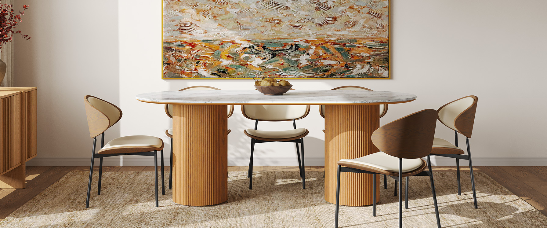 84" Oval Dining Table with White Stone Top and Solid Oak Base for 4-6 Person