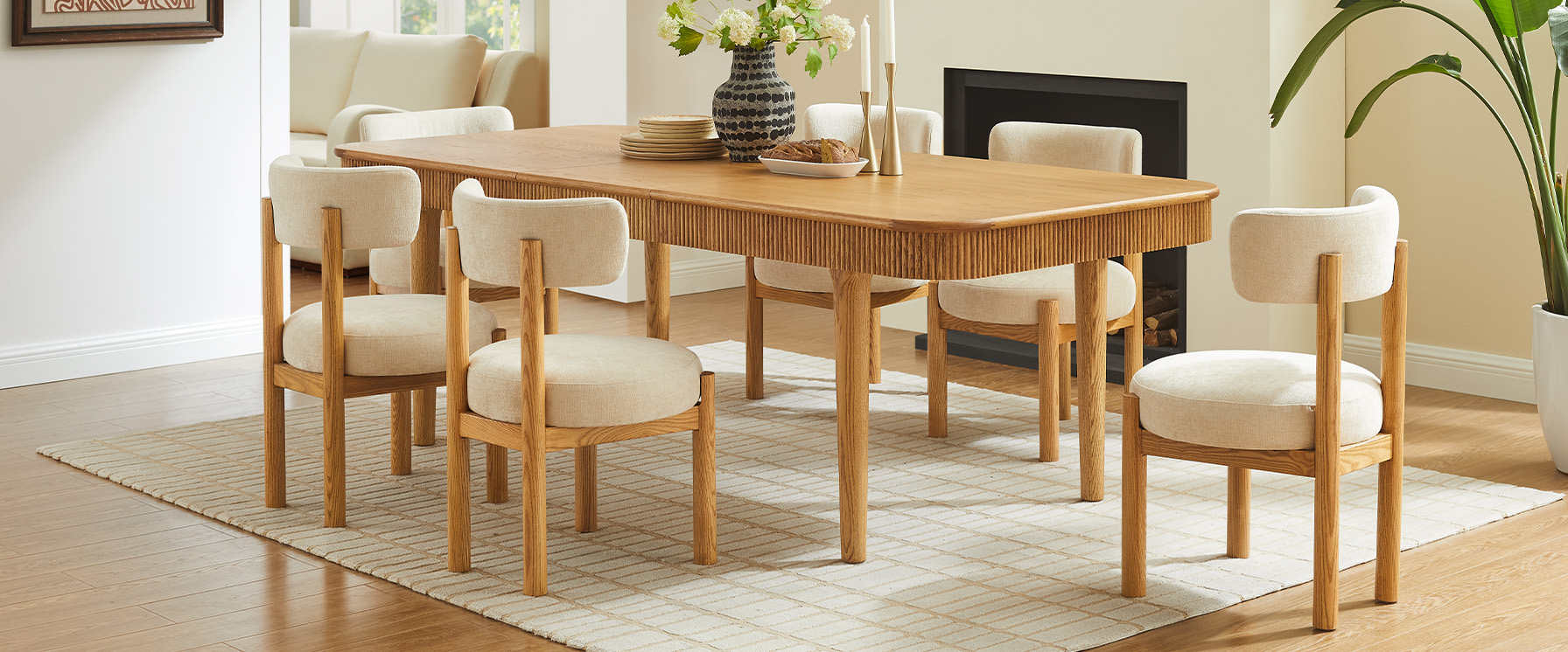 72"-92" MCM Solid Oak Wood Natural Extenpable Dining Table for Dining Room