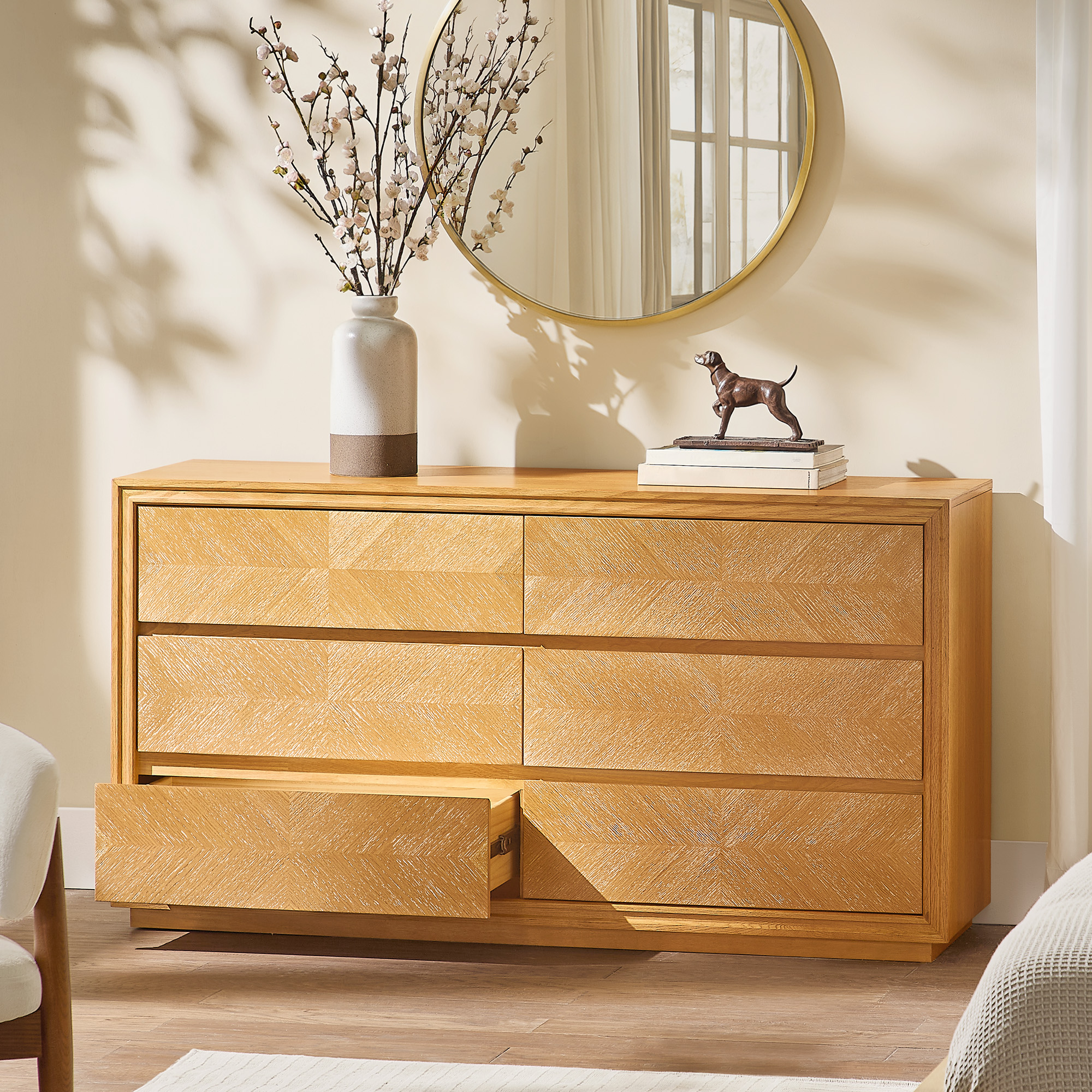 60 inch Natural Dusty Chevron Dresser with 6 Solid Wood Drawers