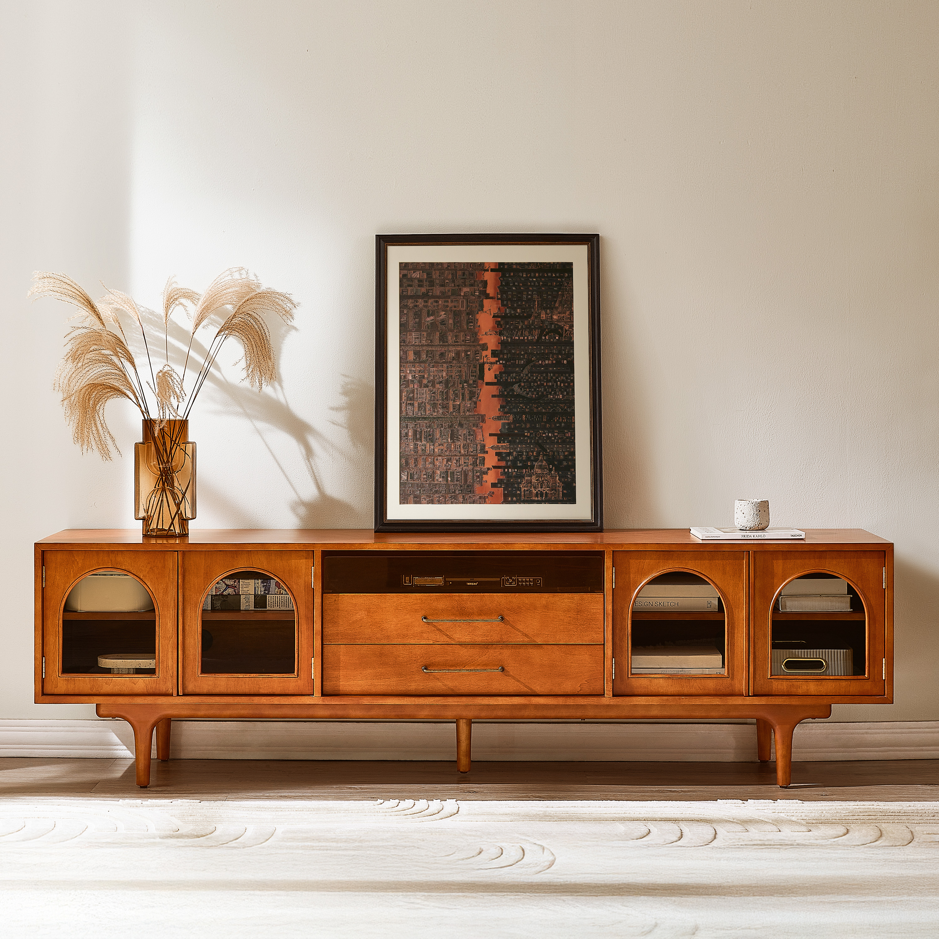 Julius 84 inch MCM Arch TV Stand with 2 Drawers & Glass Door