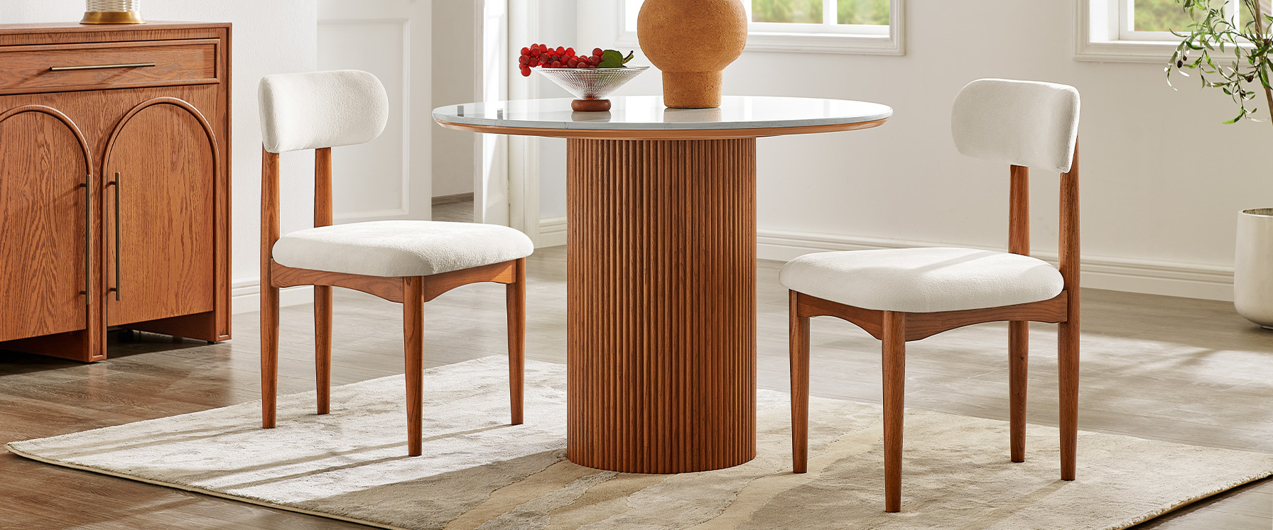 39" Fluted Oak Dining Table with Chairs Set for 2