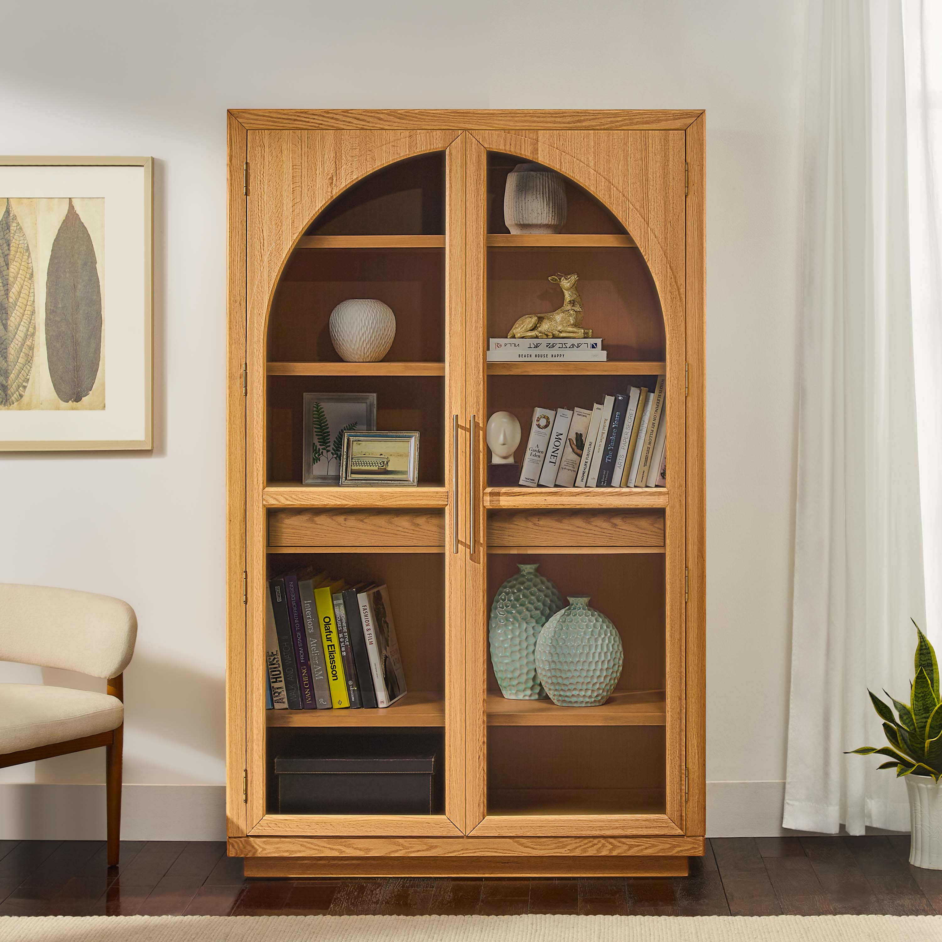 Valborg 47" Oak Tall Natural Cabinet with Glass Doors and Adjustable Shelves