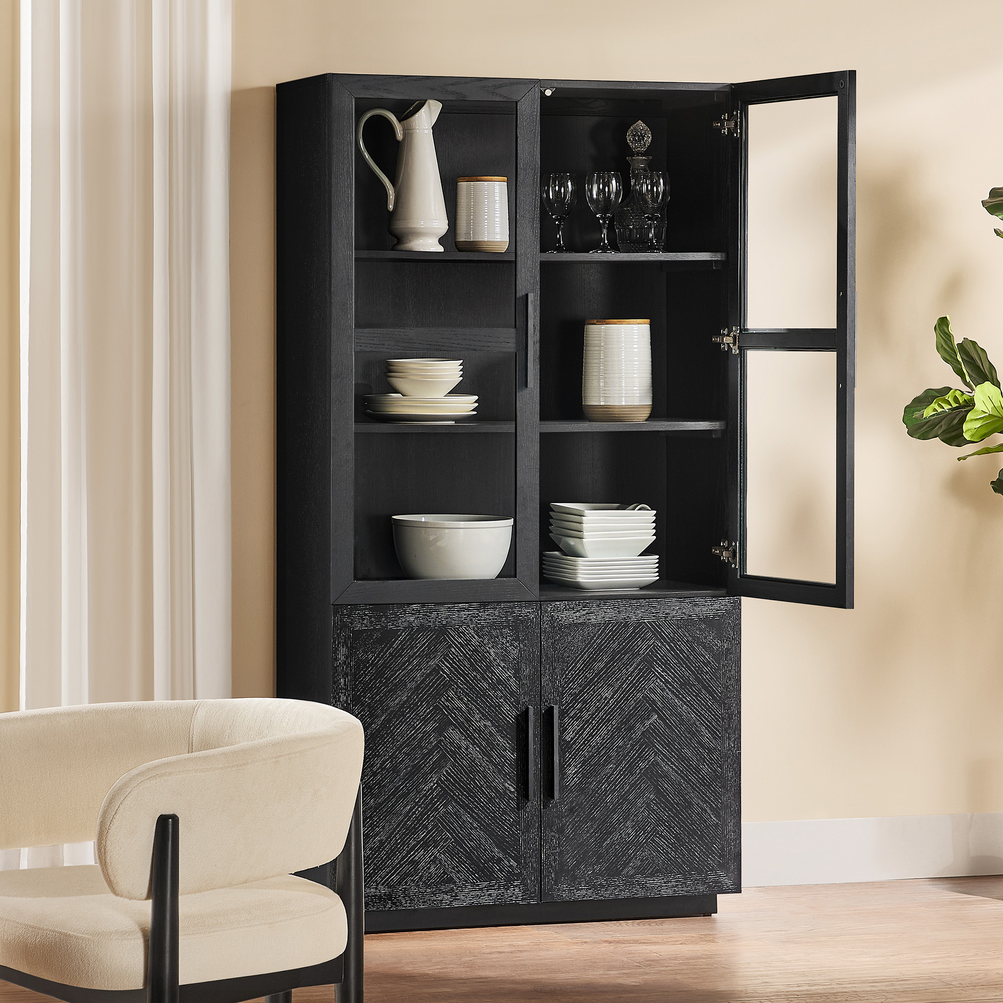 Fiske 37" Black Chevron Display Cabinet with Glass Doors and Adjustable Shelves