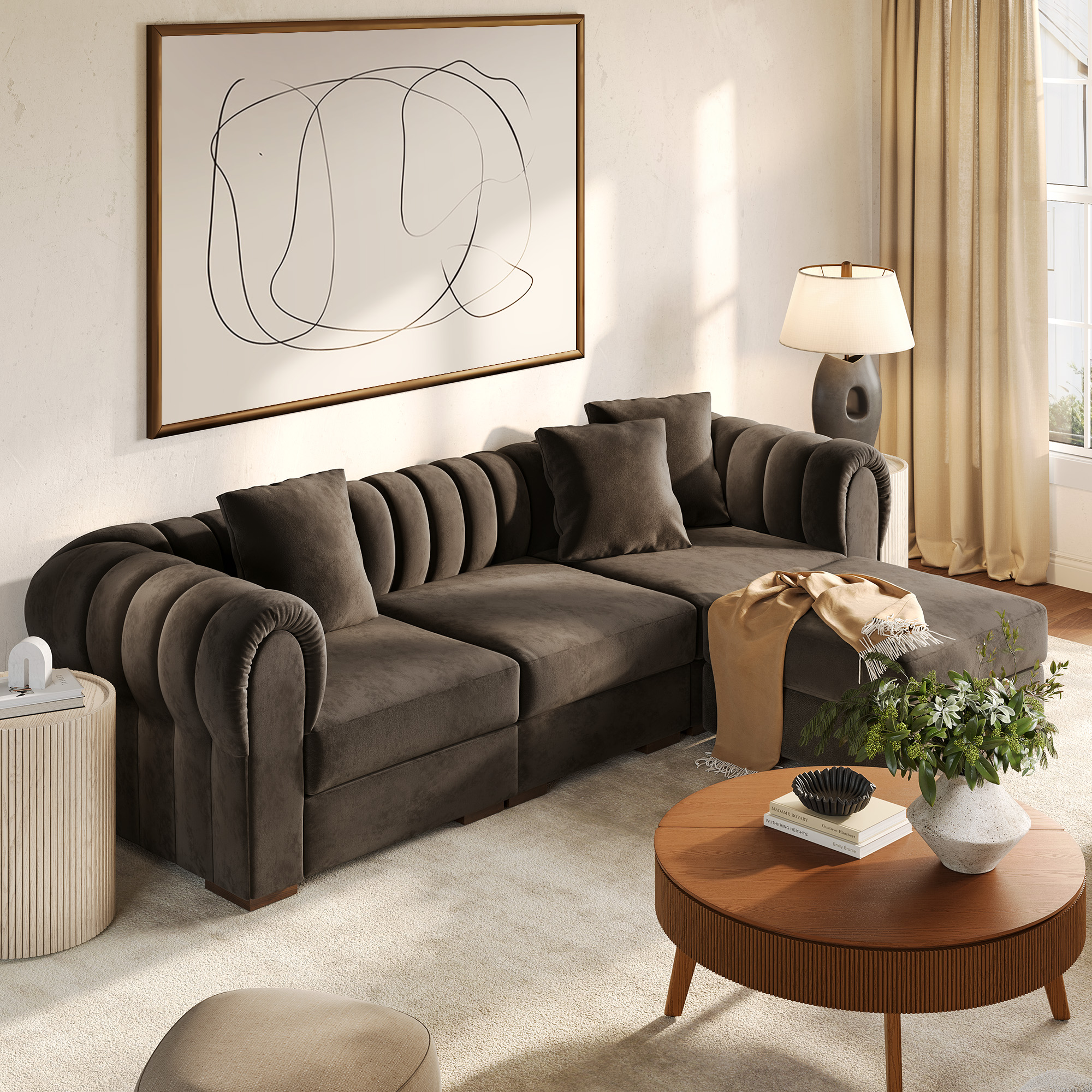 MidCentury Modern Sectional Sofa  Gray Velvet for Living Room