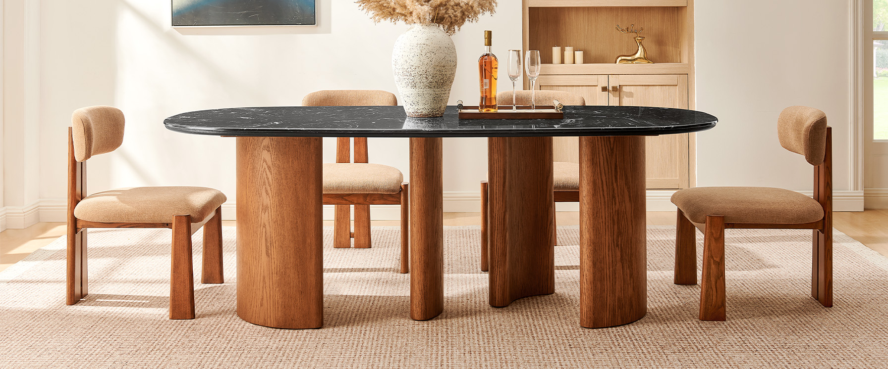 84" Engineered Stone Dining Table with Solid Oak Base for Dining Room