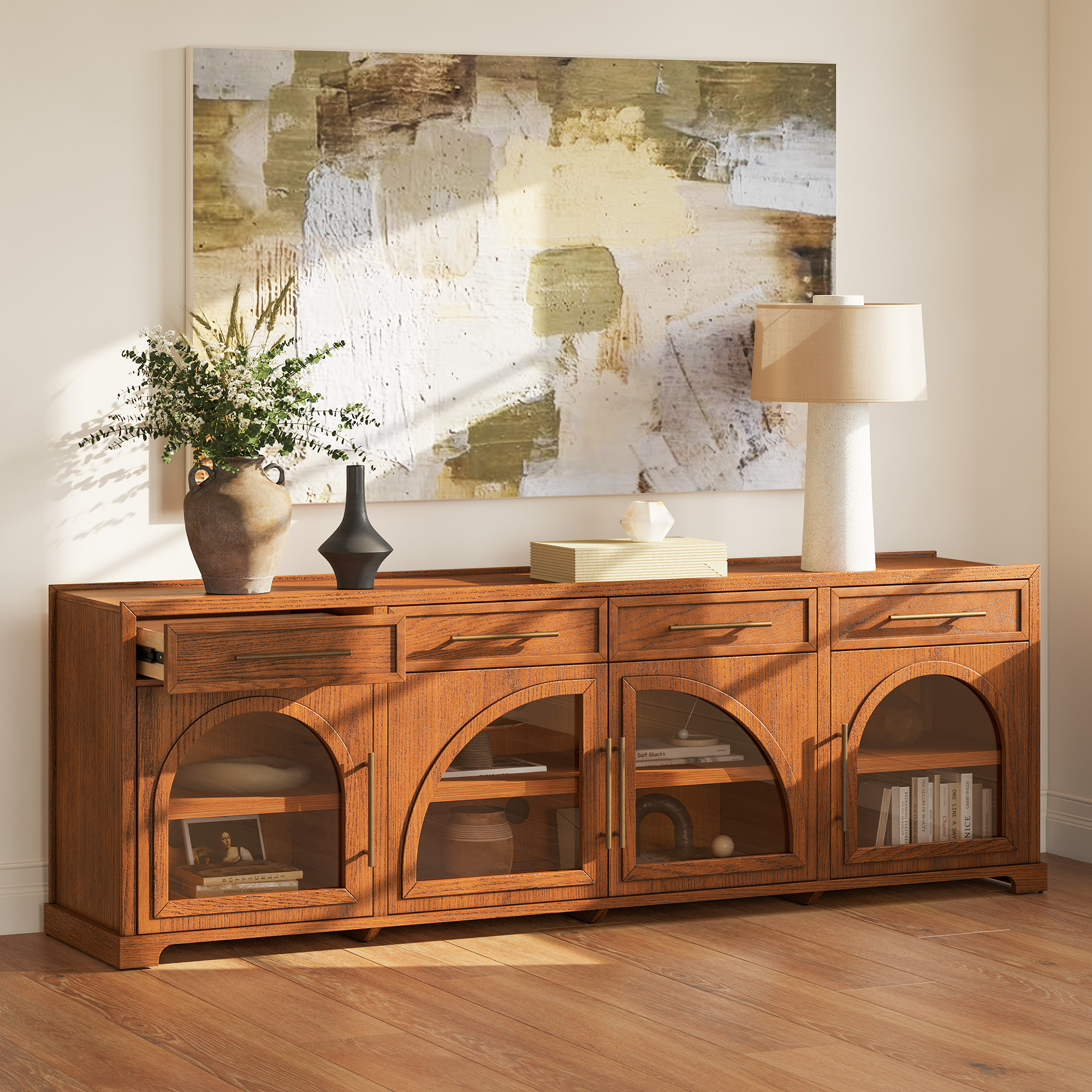 Jardine 84 inch Warm Brown Oak TV Stand with 4 Drawers