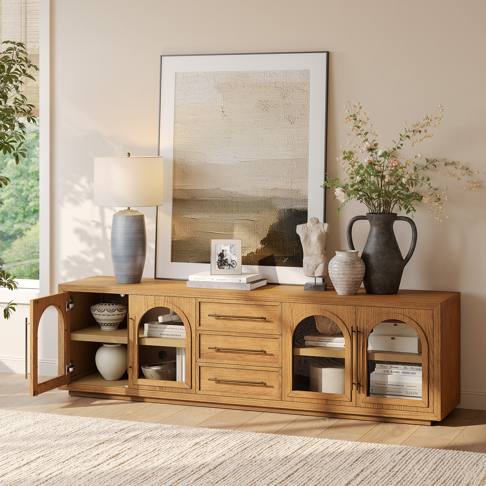 Lira 84 inch Natural TV Stand with 3 Drawers and Storage | HERNEST