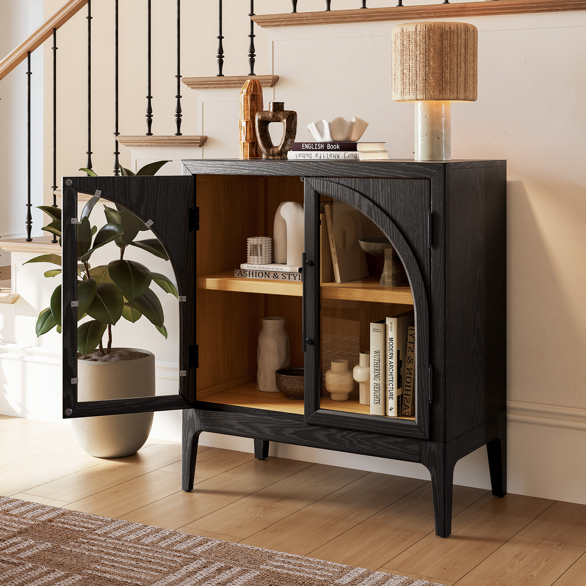 Valborg 31 inch Black Oak Cabinet with Arched Doors and Solid Wood