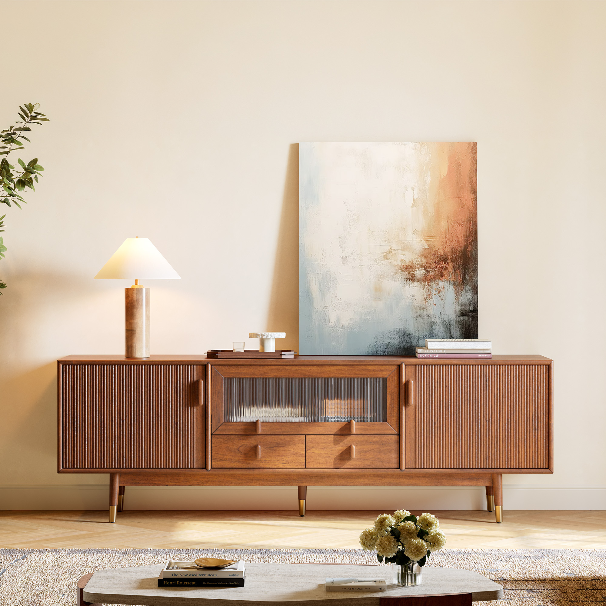 Stavn 72 inch MCM Fluted Solid Wood TV Stand | HERNEST