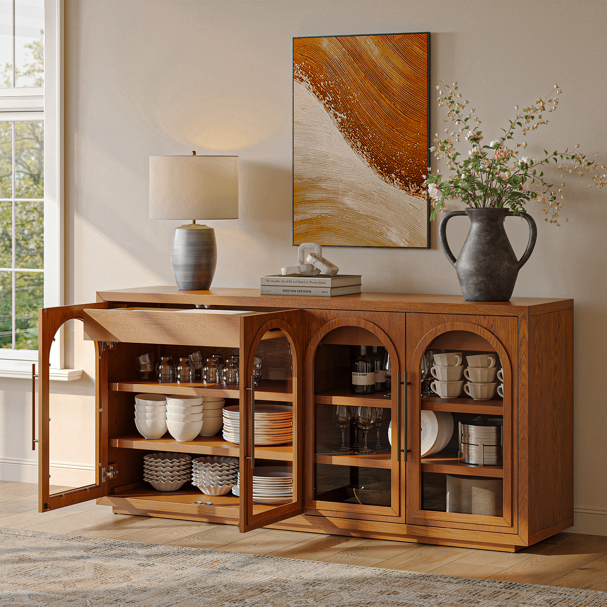 Lira 71 Inch Sideboard in Warm Brown Oak with Arched Doors & Storage Drawers