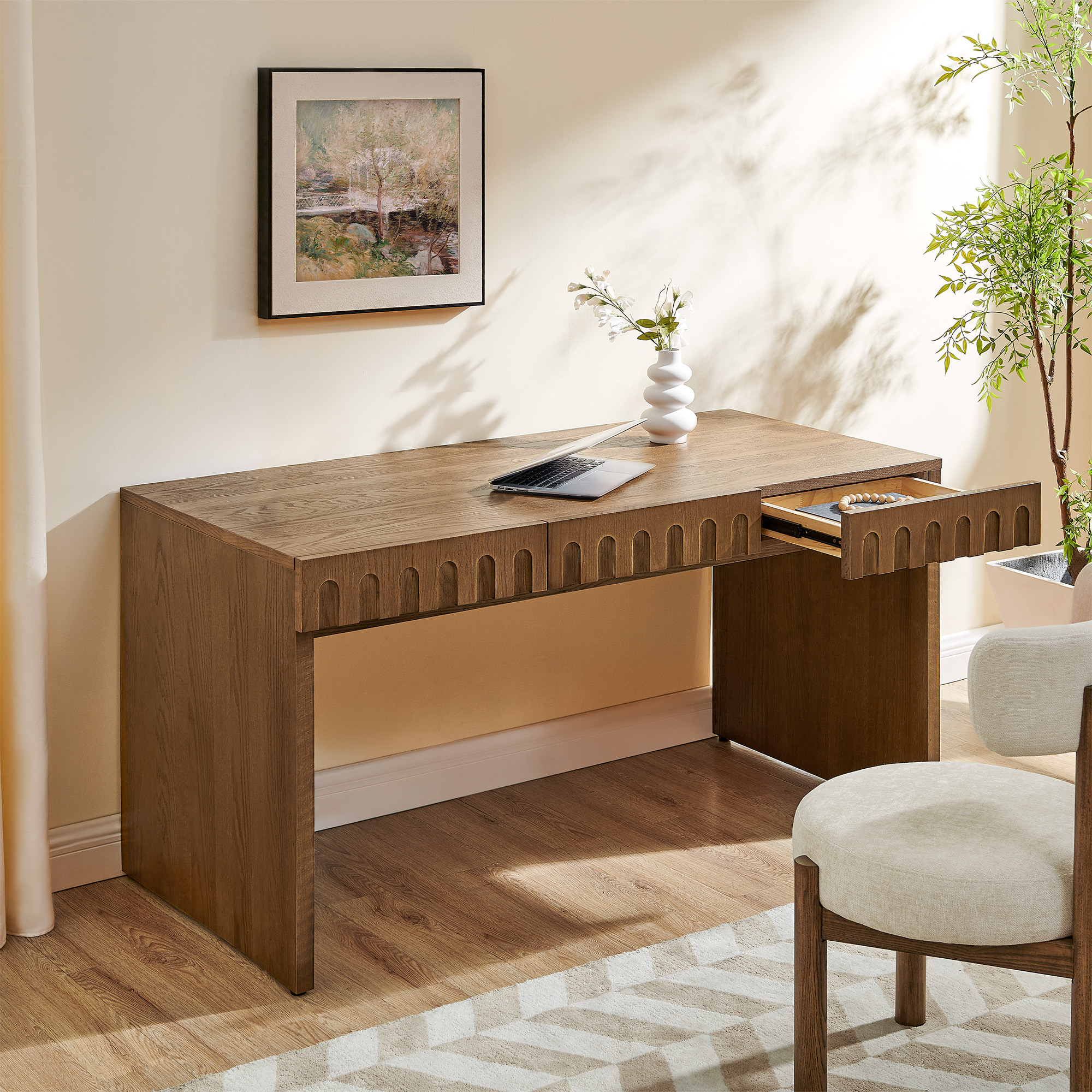 Vidar 60-Inch Oak Desk with Hidden Drawers & Arched Detail | HERNEST