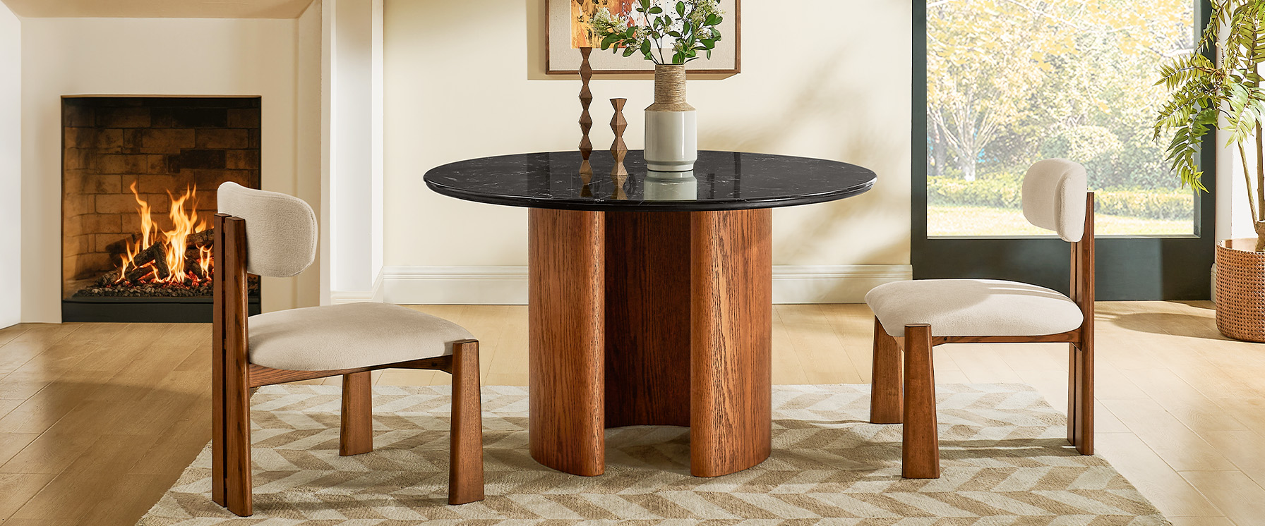 48 Inch Round Engineered Stone Dining Table with Solid Oak Base for Dining Room