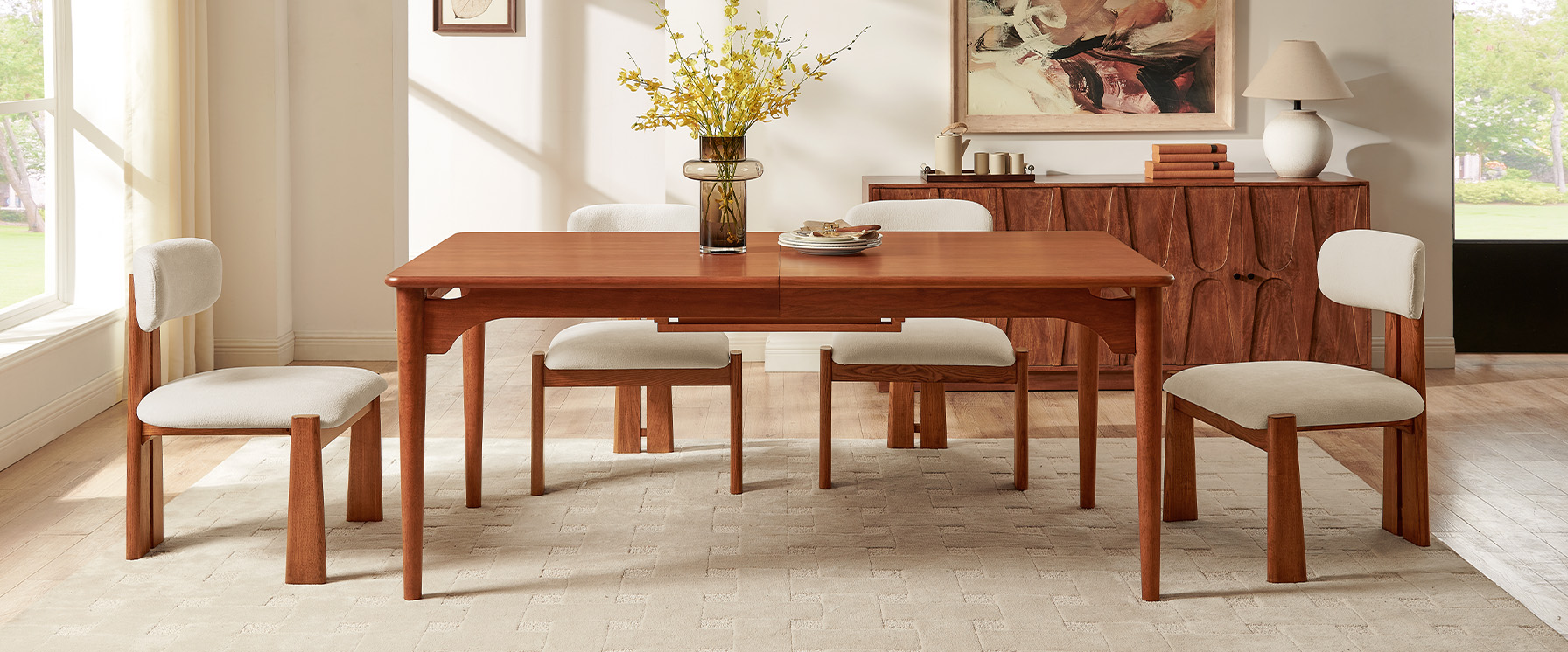 72"-92" MCM Solid Wood Brown Extenpable Dining Table for 8