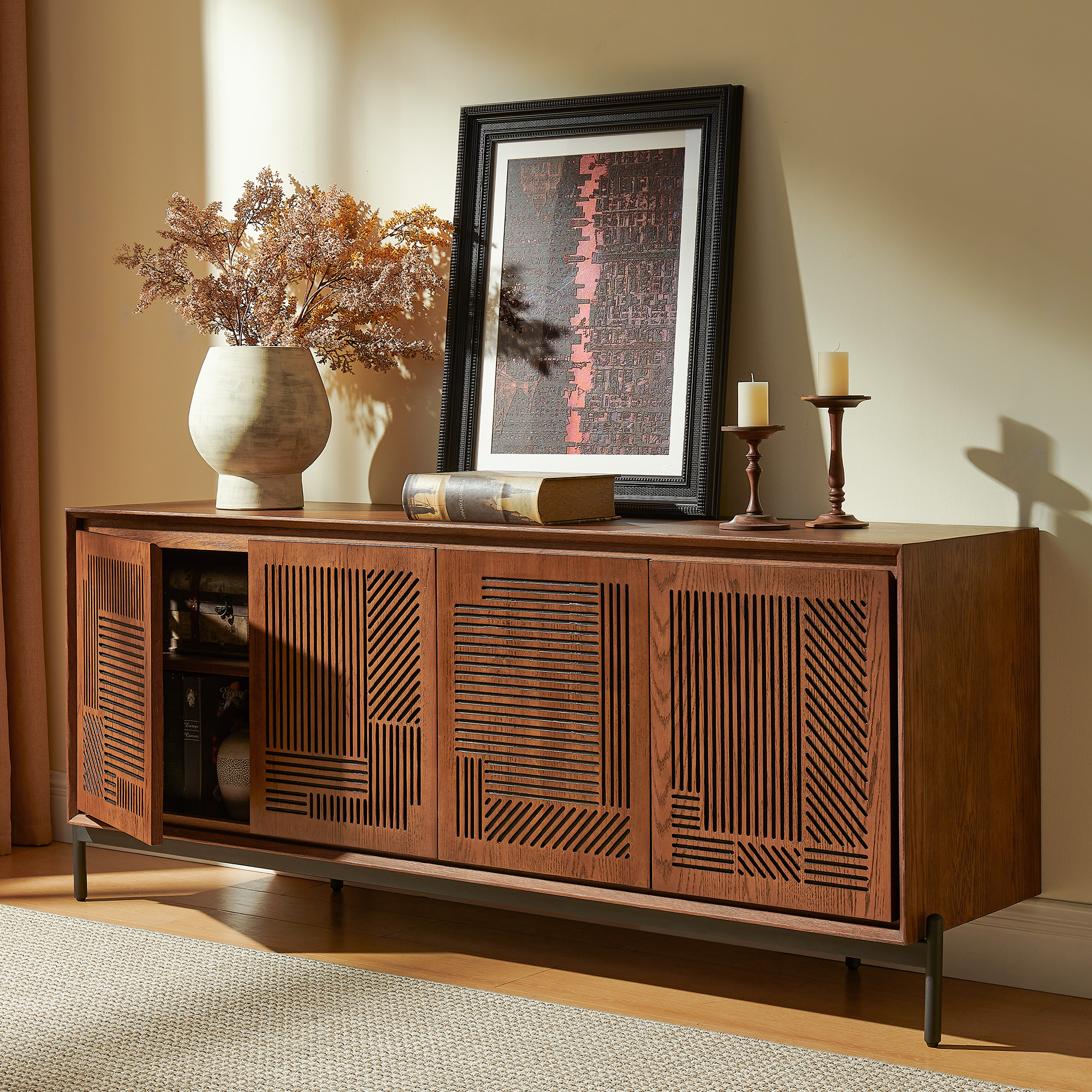 Linea 74 Inch Media Console in Walnut Oak | Wood TV Stand with
