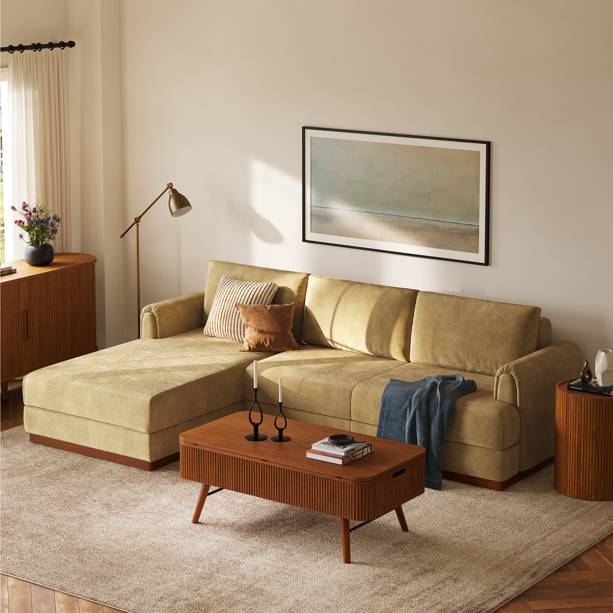 Deep Seat Chaise Sectional Sofa  Modern Style Brown Chenille