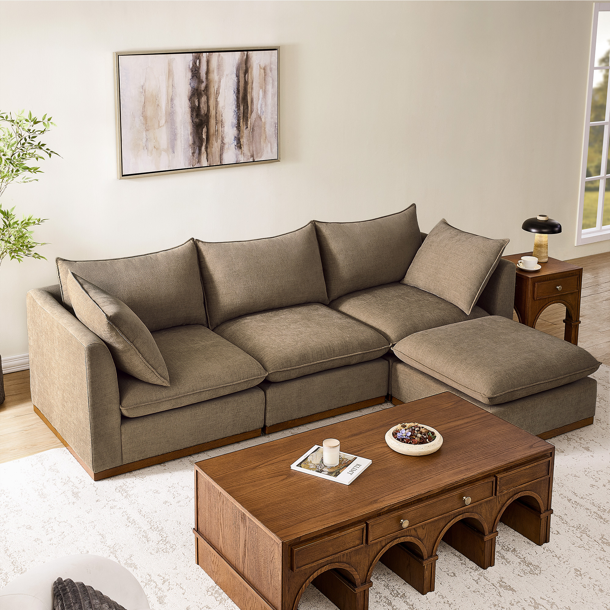 Deep Seat Sectional Sofa  Modern Style Brown for Living Room