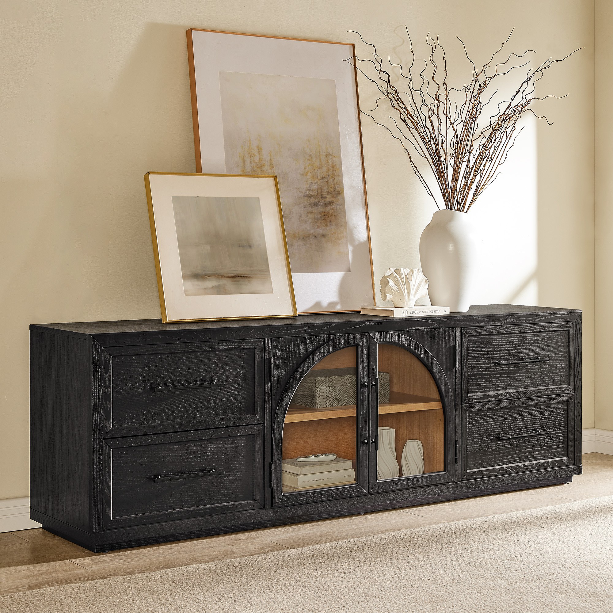 black tv dresser stand Curio Cabinet Credenza with Glass Door Black (Set of 2) main image 0