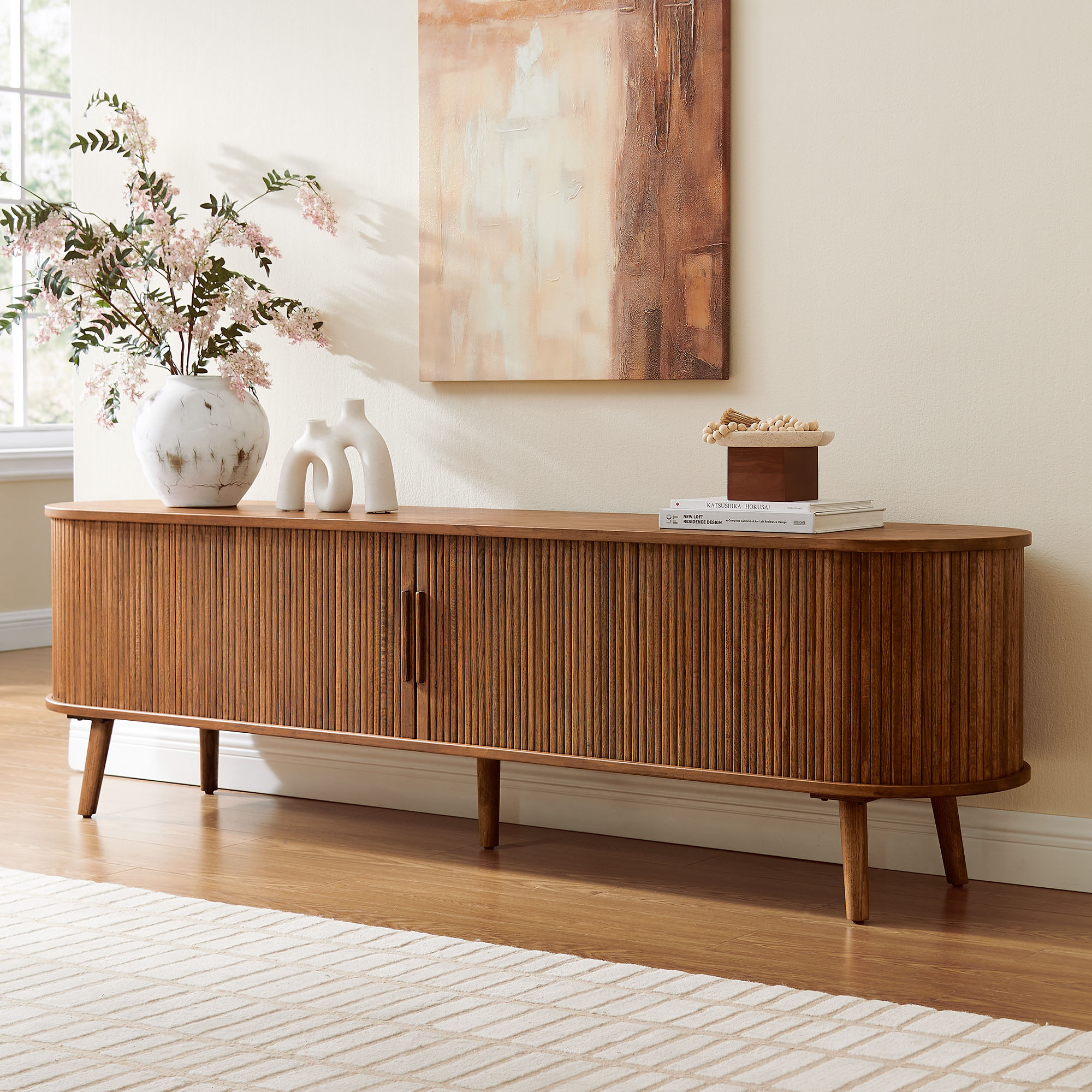 Valo 84 inch MCM TV Stand with Solid Oak Tambour Door and