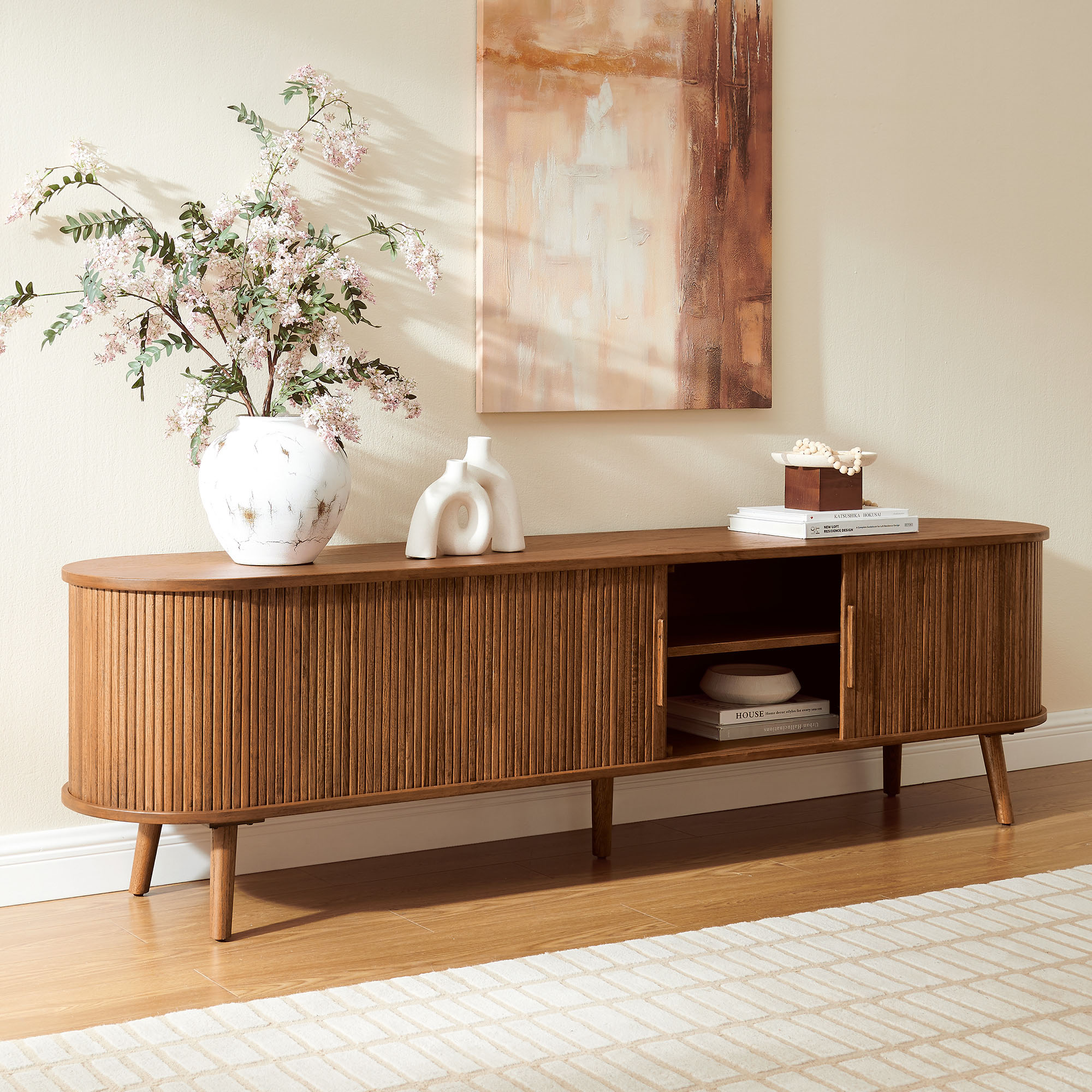 Valo 84 inch MCM TV Stand with Solid Oak Tambour Door and Valo 84 inch MCM TV Stand with Solid Oak Tambour Door and
