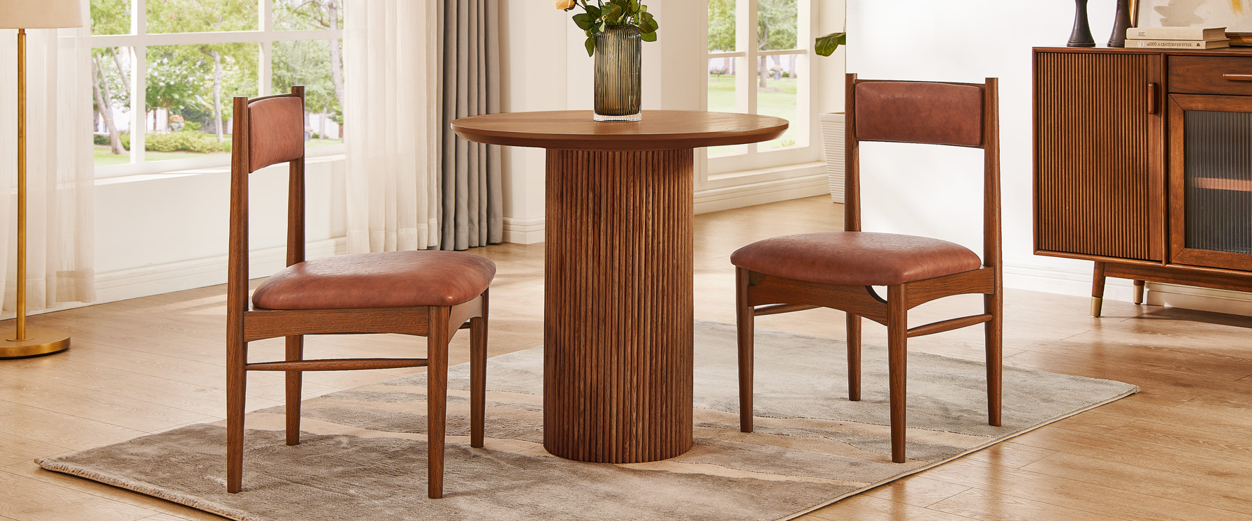 Solid Oak Dining Chairs with Brown PU Leather Upholstery for Dining Room