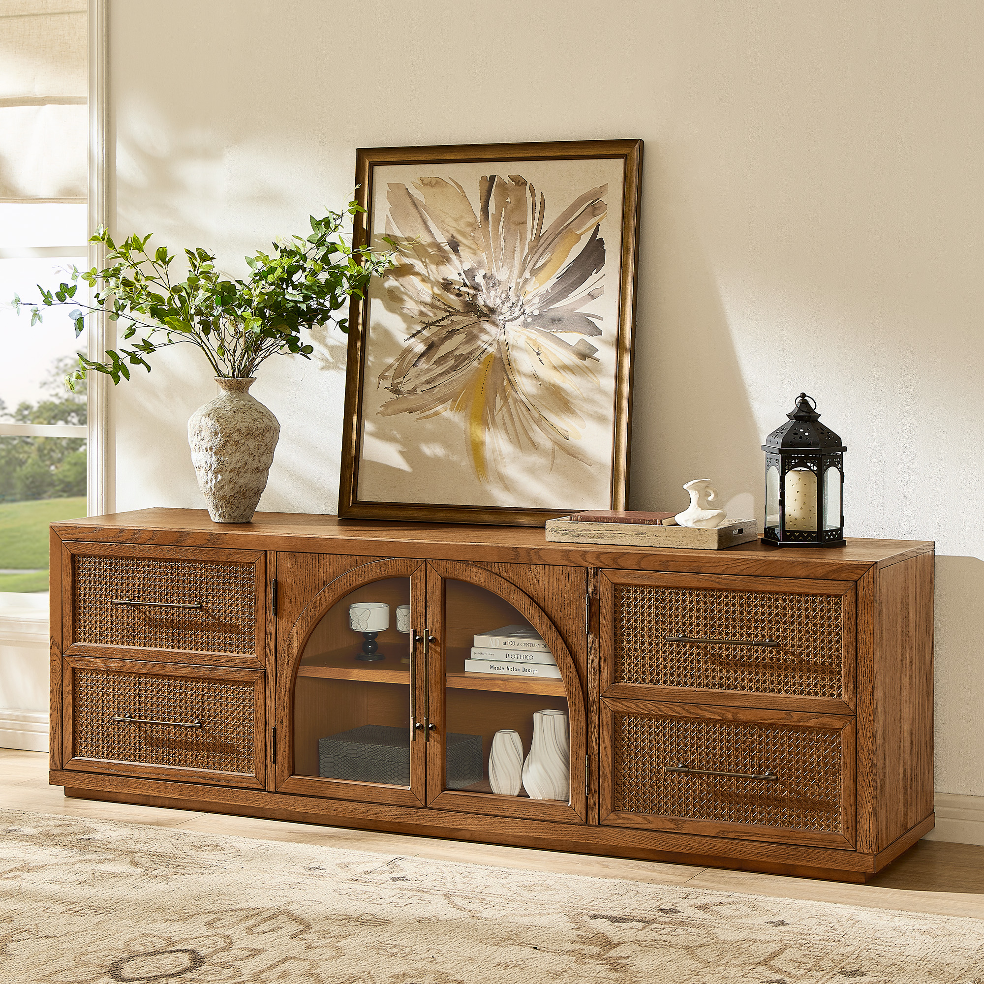 バンバラヤー（キャビネット） Valborg 80 inch Brown TV Stand with 4 Rattan Drawers | HERNEST