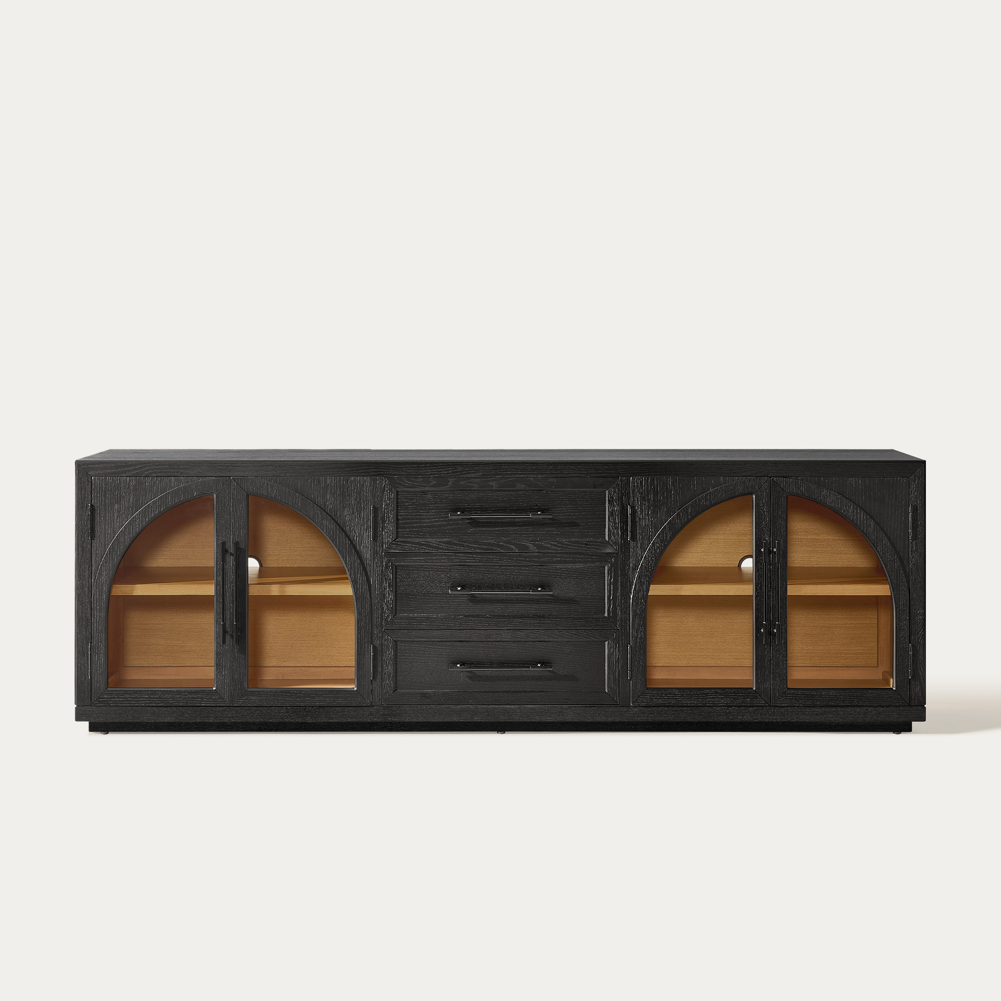 Valborg 80 inch Black Oak TV Stand with Arch Glass Door and 3