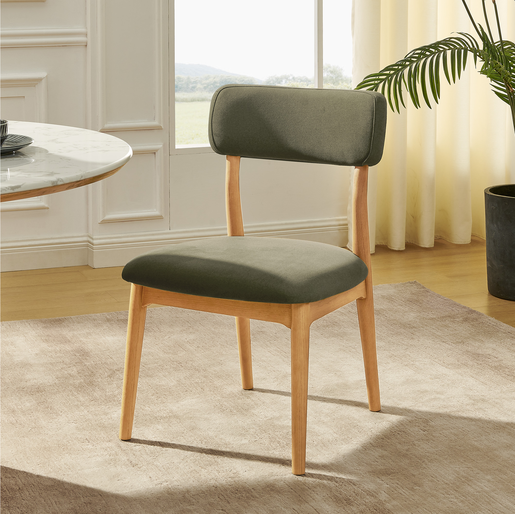 Arlo Set of 2 Green Mohair Dining Chairs with Solid Oak Legs and Ergonomic Backrest