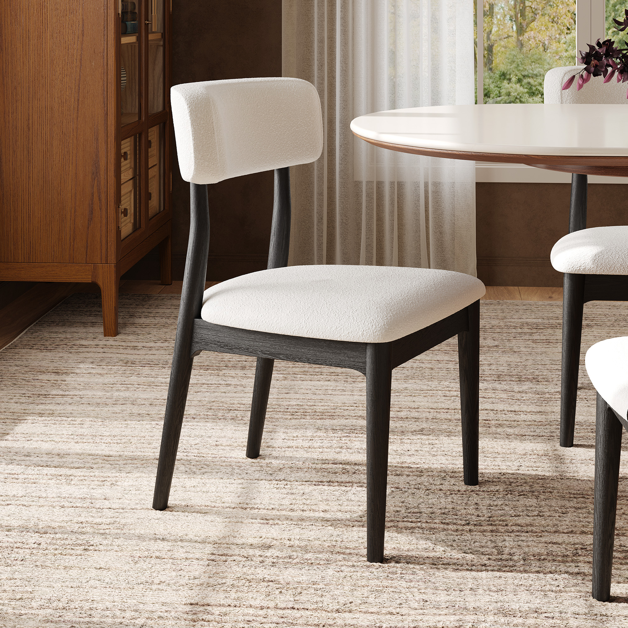 Arlo Set of 2 Boucle Dining Chairs with Solid Oak Legs and Ergonomic Backrest