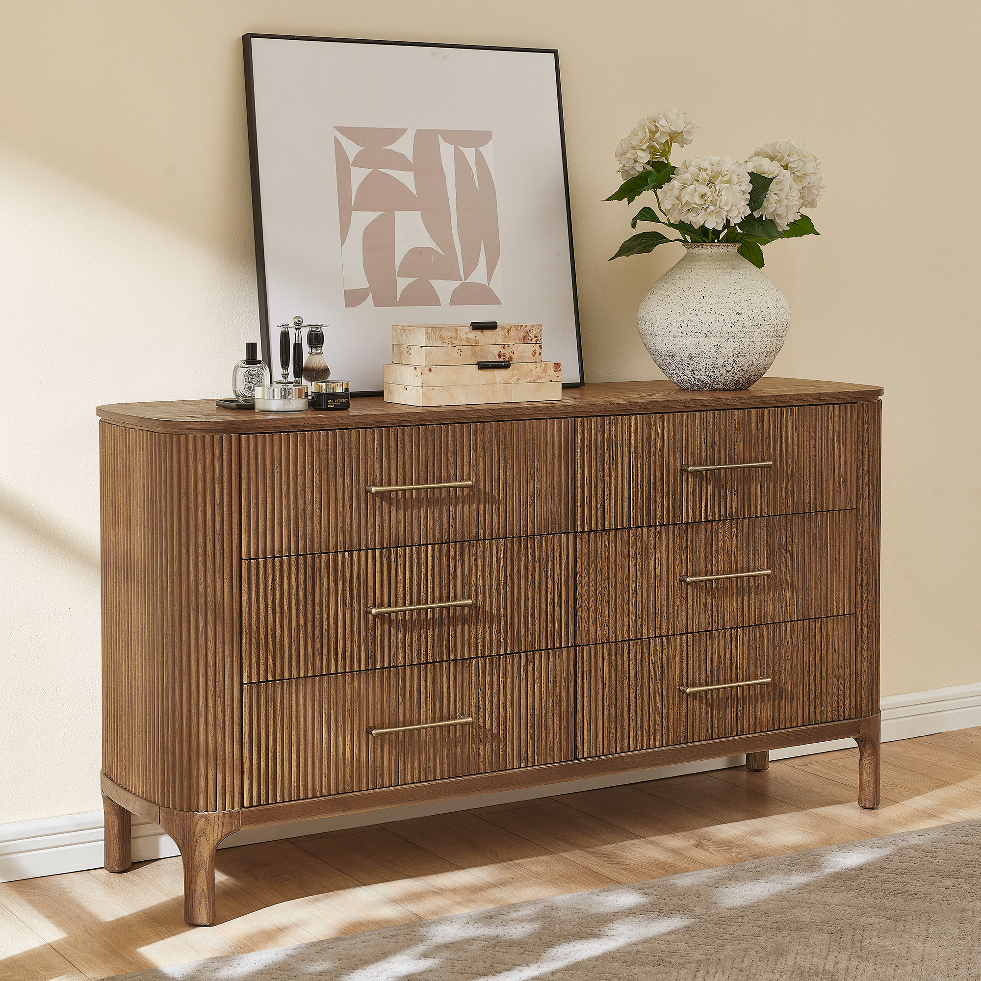 Skugga 63 inch Brown Fluted Solid Oak Wood 6-Drawer Dresser HERNEST