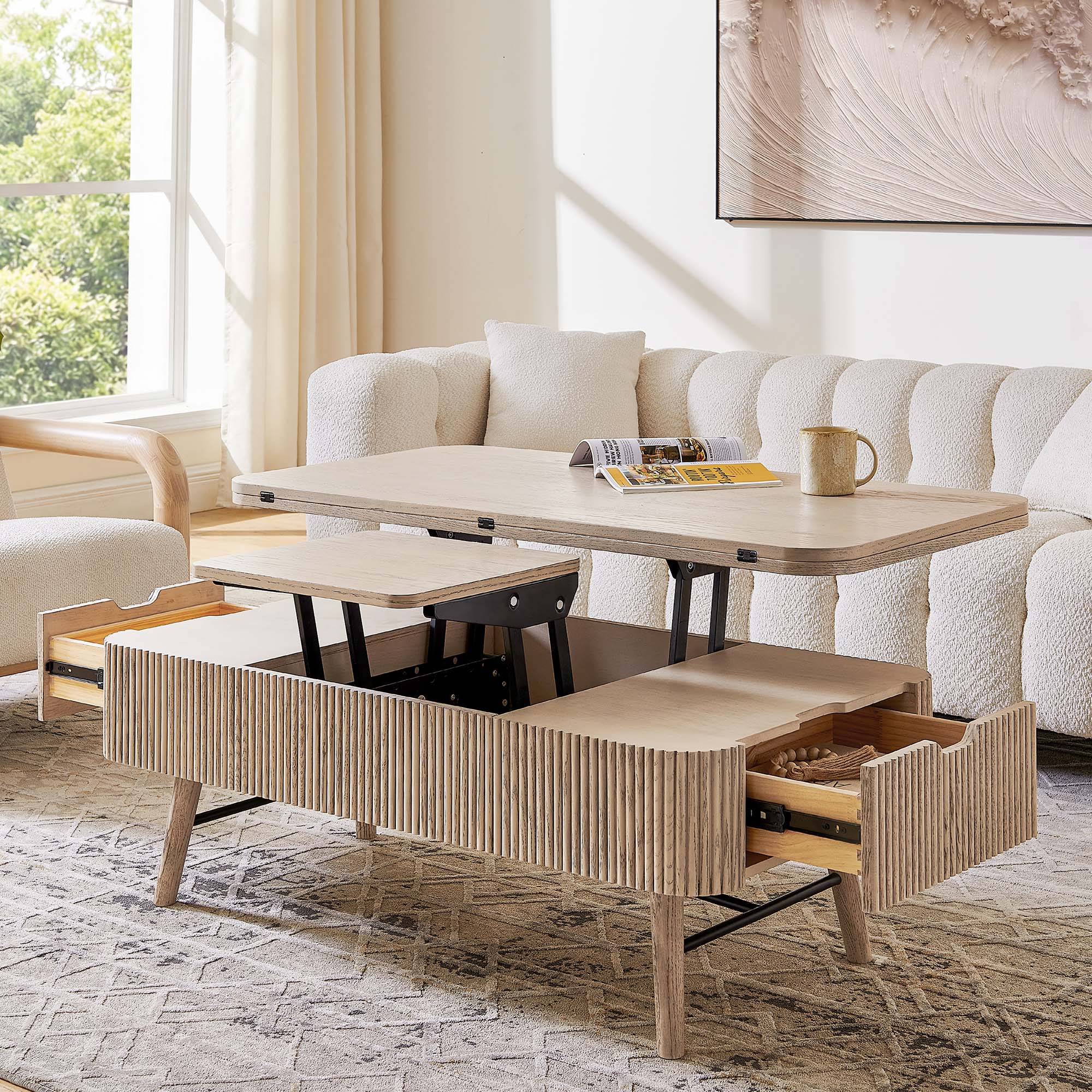 e's ジョージズ リビングテーブル Magnus 47 Inch Lift-Top Coffee Table | Whitewashed Oak Coffee