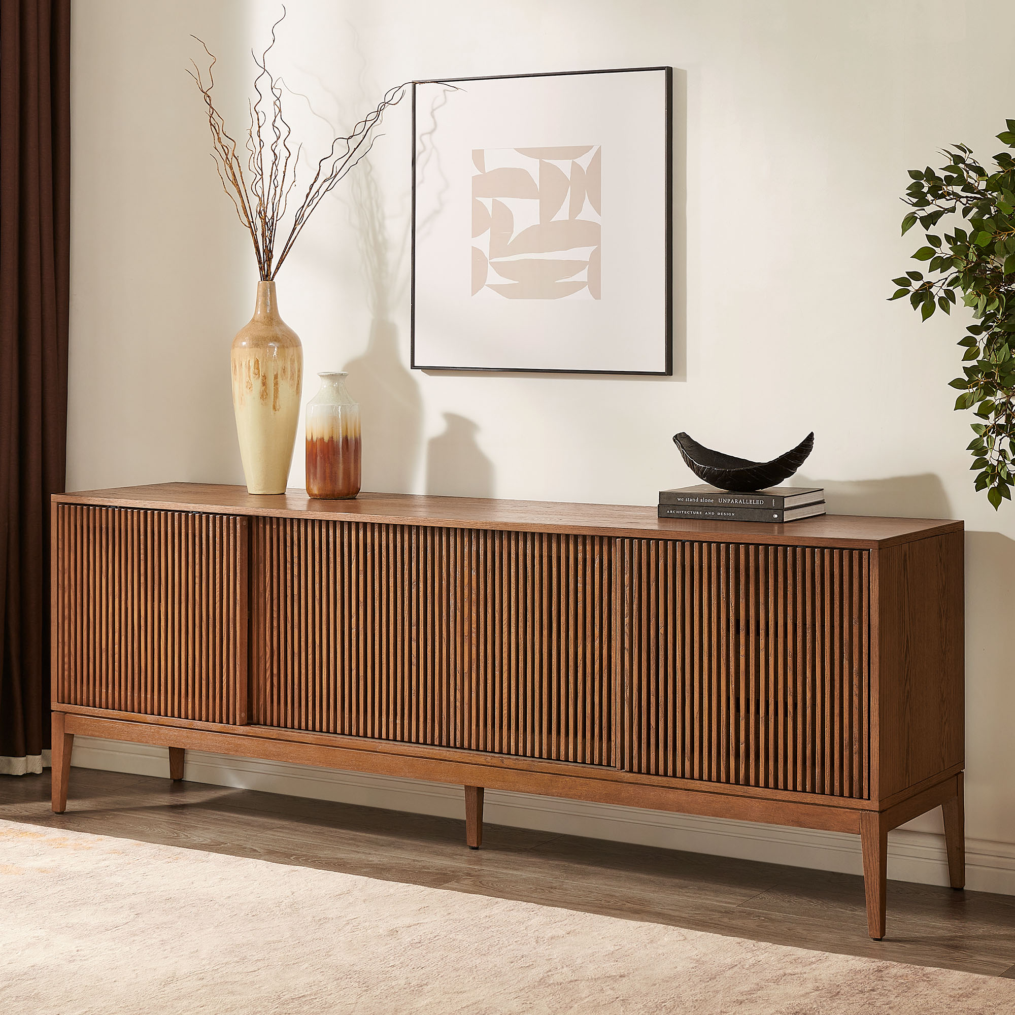 Astrid 84 inch MCM Slatted TV Stand with Sliding Door Cabinet & 2